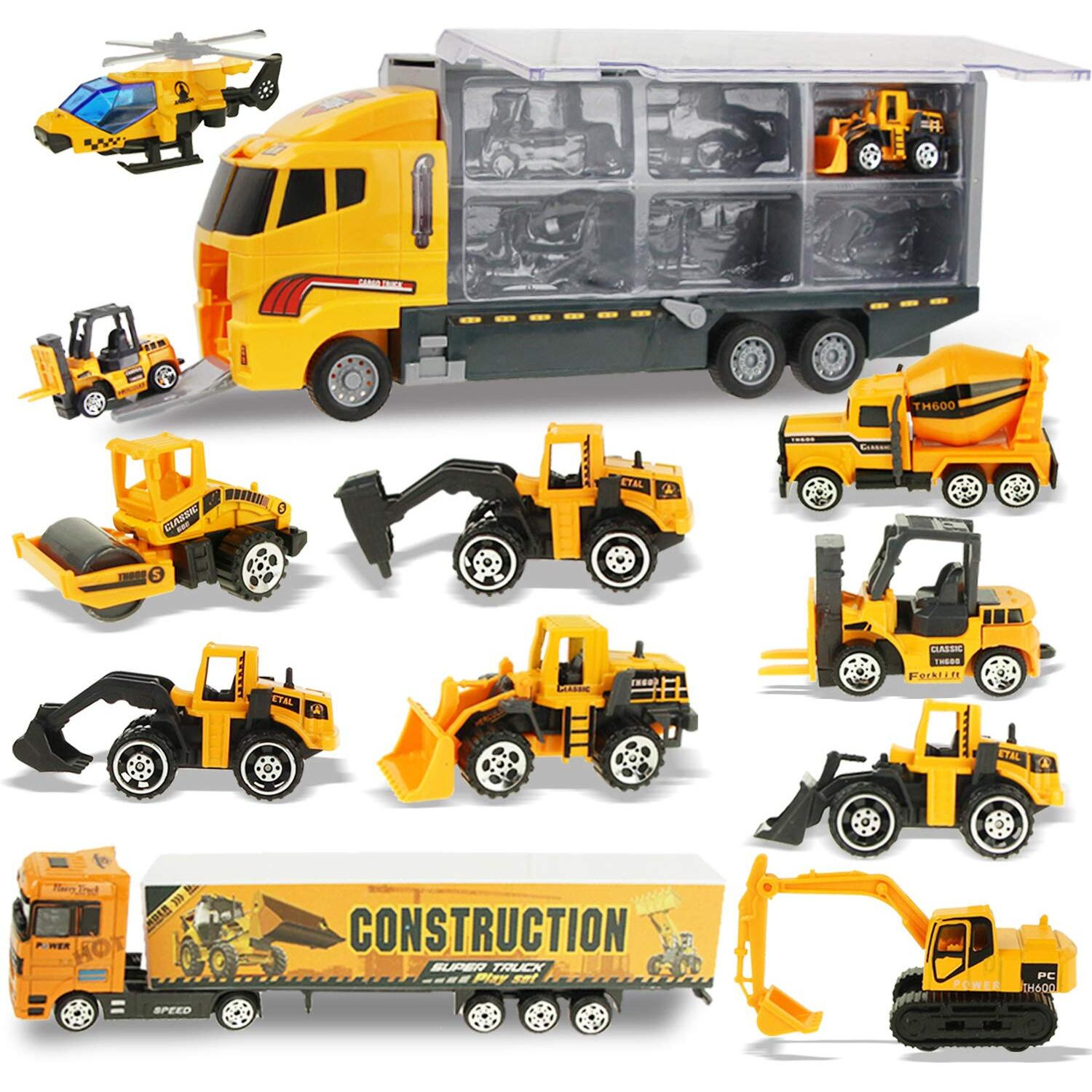 Joyfia Toys For Boys, 11 In 1 Engineering Die-Cast Construction Car Toddler Toys, Excavator Dumper Bulldozer, Kids Transport Carrier Truck Vehicles Gifts For Age 3 4 5 6 7 Year Old Boys