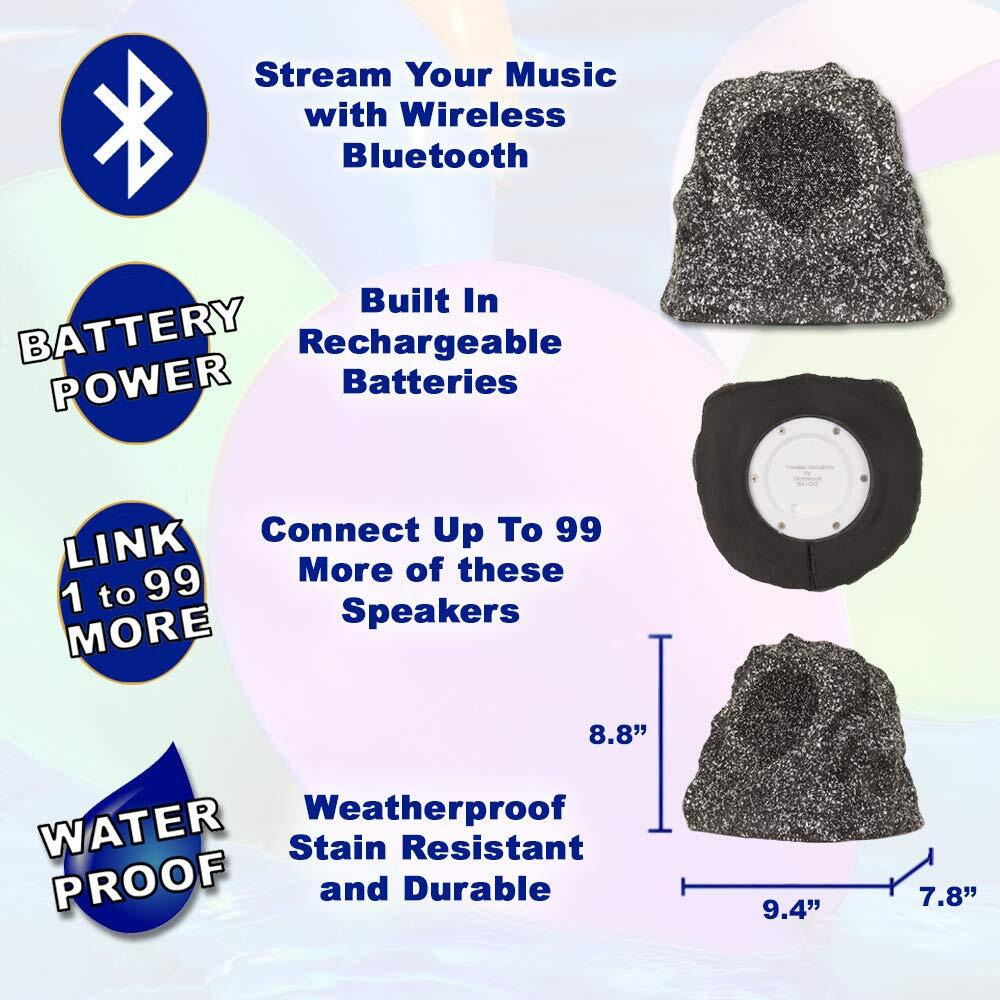 Theater Solutions By Goldwood B41Gg Wireless Rechargeable Bluetooth Outdoor Rock Speaker System - Granite Gray, Set Of 2, 120 Watts