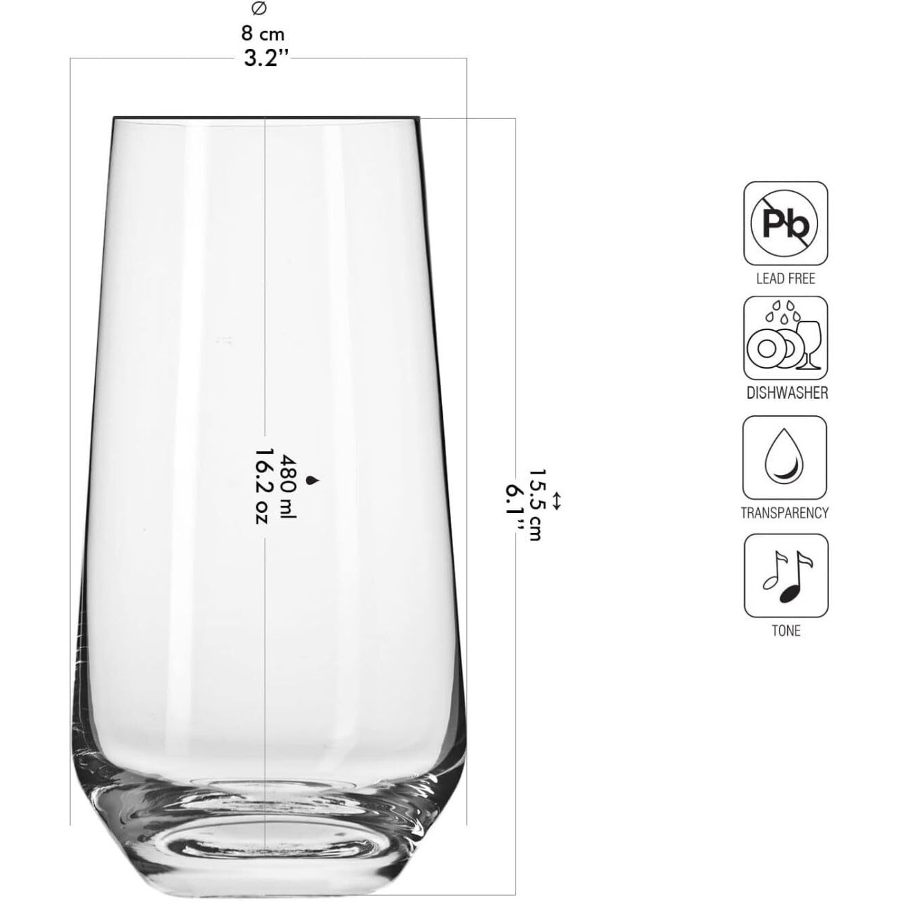 Krosno Tall Water, Juice, Drinking Glasses, Set Of 6, 16.2 Oz, Splendour Collection, Highball & Tumbler Crystal Glass, Dishwasher Safe, Made In Europe