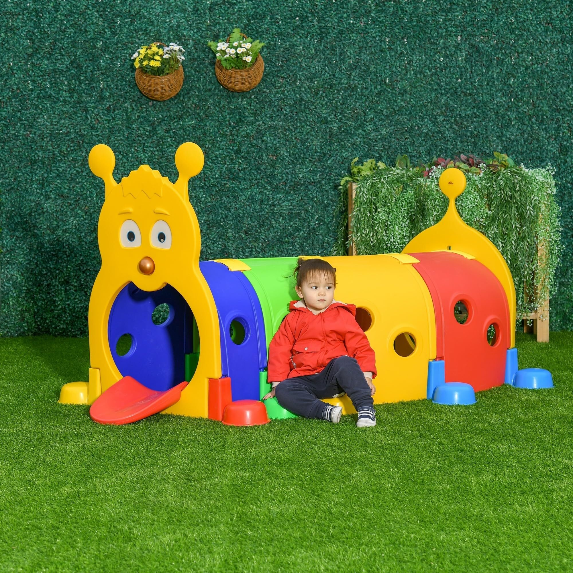 Qaba Caterpillar Tunnel For Kids, Outdoor Indoor Climb And Crawl Through, Play Equipment For Toddler 3-6, 4 Sections, For Daycare, Preschool, Playground, Multicolor
