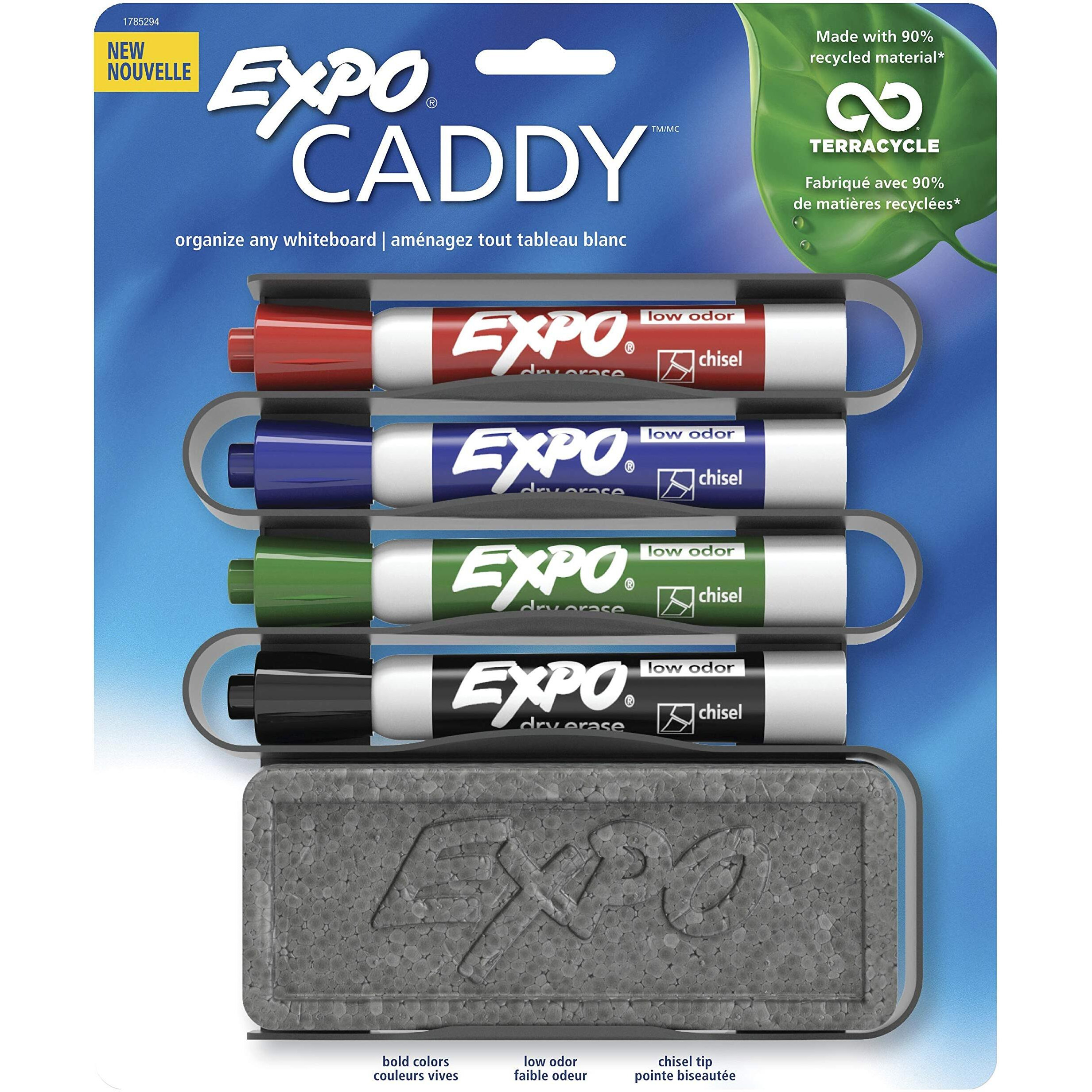 Expo 1785294 Low-Odor Dry Erase Set, Chisel Tip, Assorted Colors, 5-Piece With Recycled Material Marker Caddy