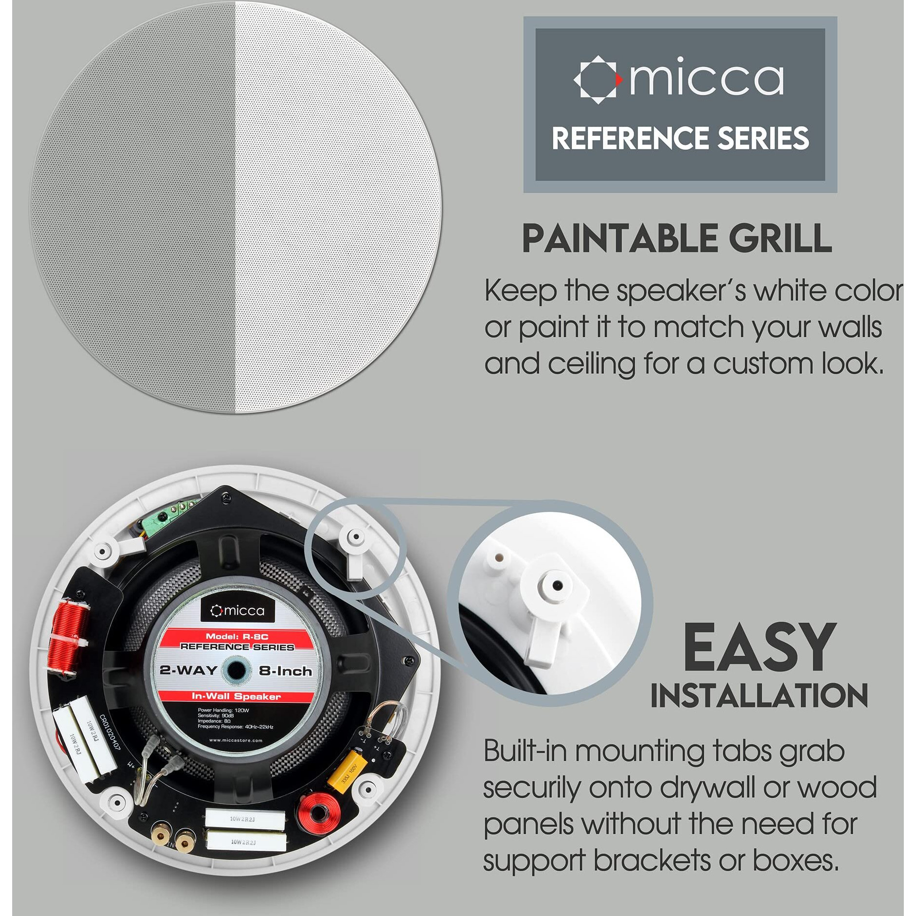 Micca Reference Series R-8C 2-Way In Ceiling In Wall Speaker, 8 Inch Woofer, 1-Inch Pivoting Aluminum Dome Tweeter, Tone Controls, 9.5-Inch Cutout Diameter, Each, White