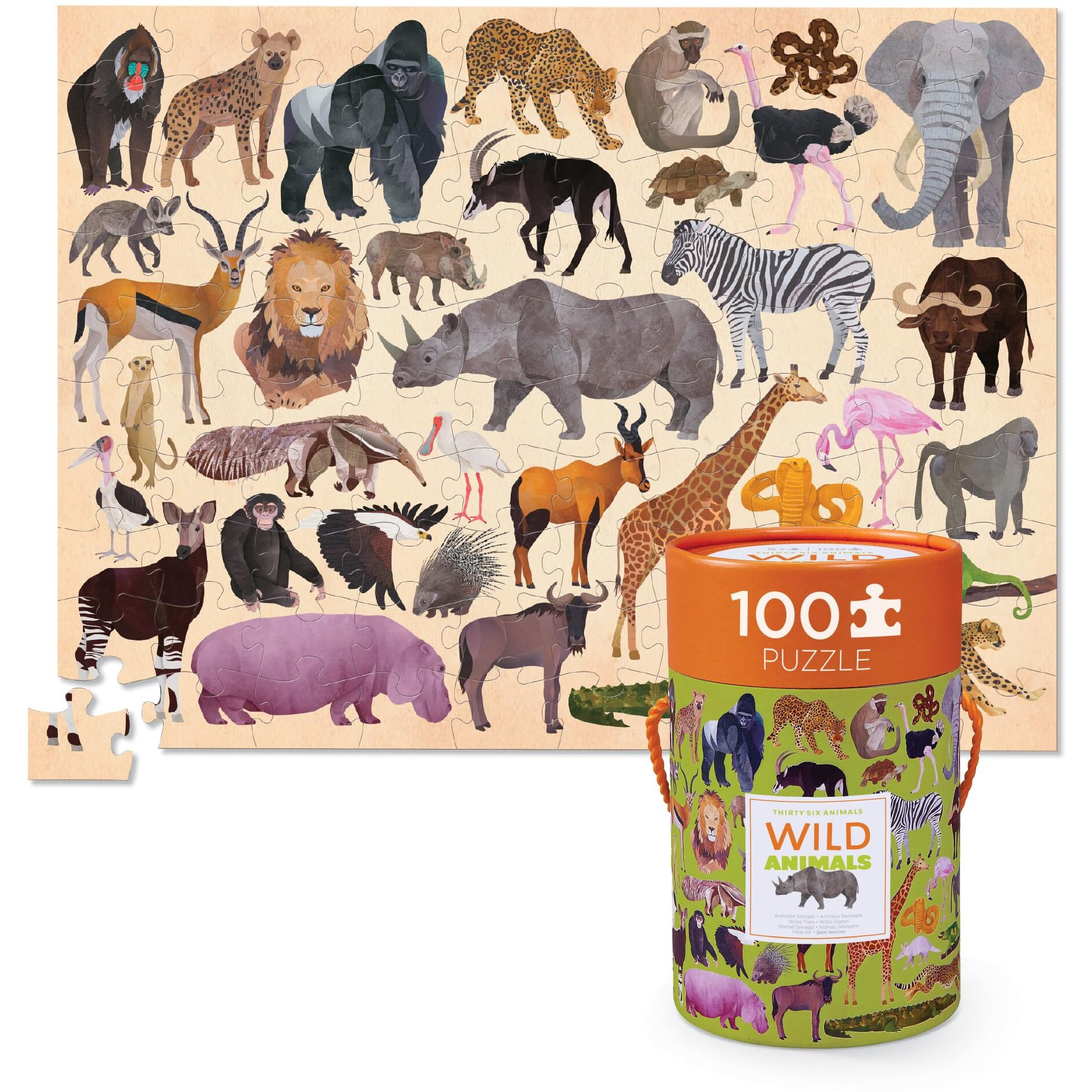 Crocodile Creek Jigsaw Puzzle In Canister, 100 Piece Table Or Floor Puzzle Includes Educational Animal Finder Sheet, For Ages 5 Years And Up, Thirty-Six Wild Animals