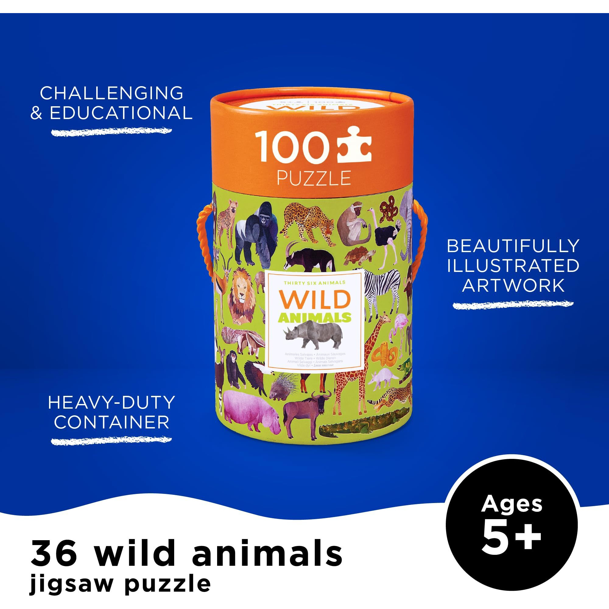 Crocodile Creek Jigsaw Puzzle In Canister, 100 Piece Table Or Floor Puzzle Includes Educational Animal Finder Sheet, For Ages 5 Years And Up, Thirty-Six Wild Animals