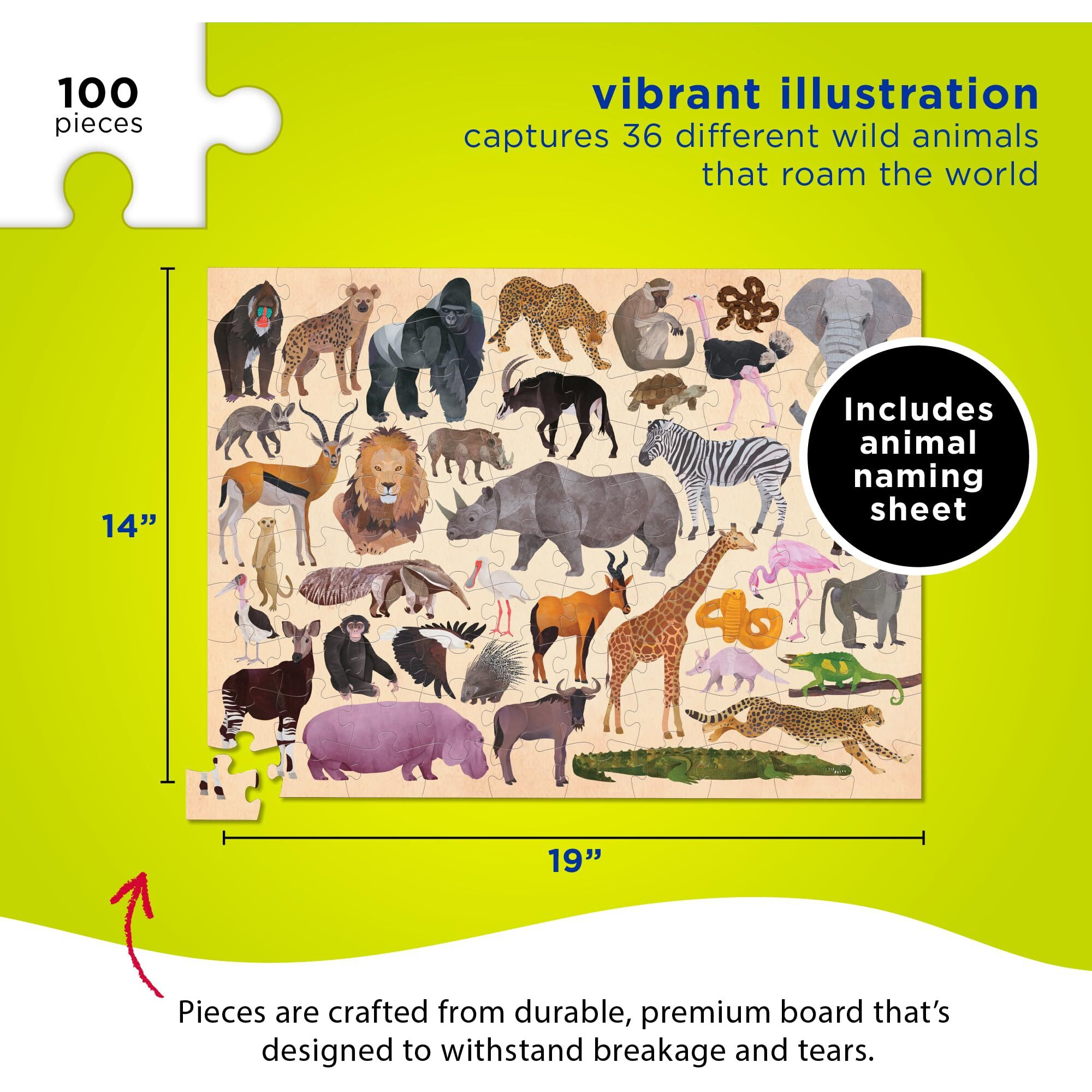 Crocodile Creek Jigsaw Puzzle In Canister, 100 Piece Table Or Floor Puzzle Includes Educational Animal Finder Sheet, For Ages 5 Years And Up, Thirty-Six Wild Animals