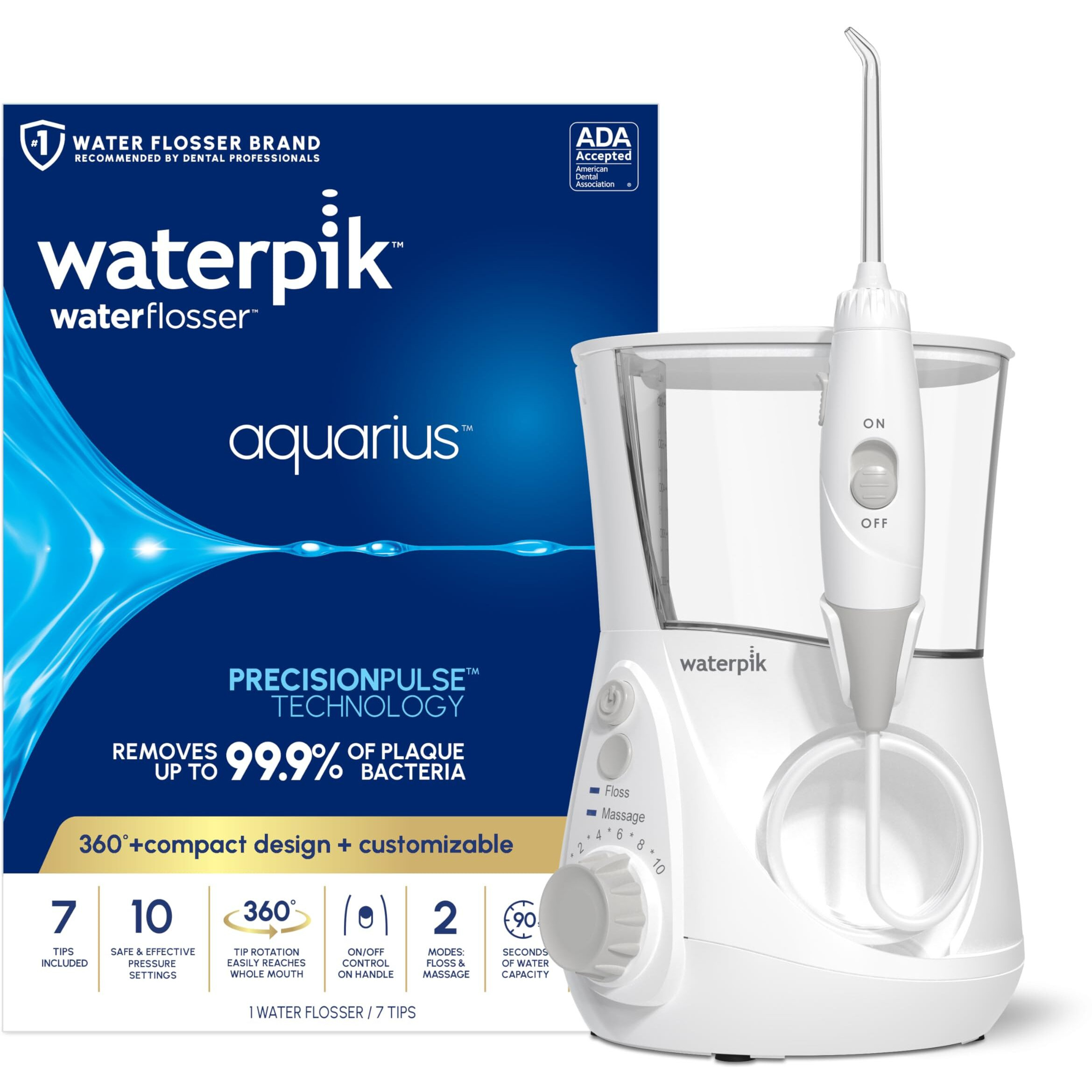 Waterpik Aquarius Water Flosser Professional For Teeth, Gums, Braces, Dental Care, Electric Power With 10 Settings, 7 Tips For Multiple Users And Needs, Ada Accepted, White Wp-660, Packaging May Vary