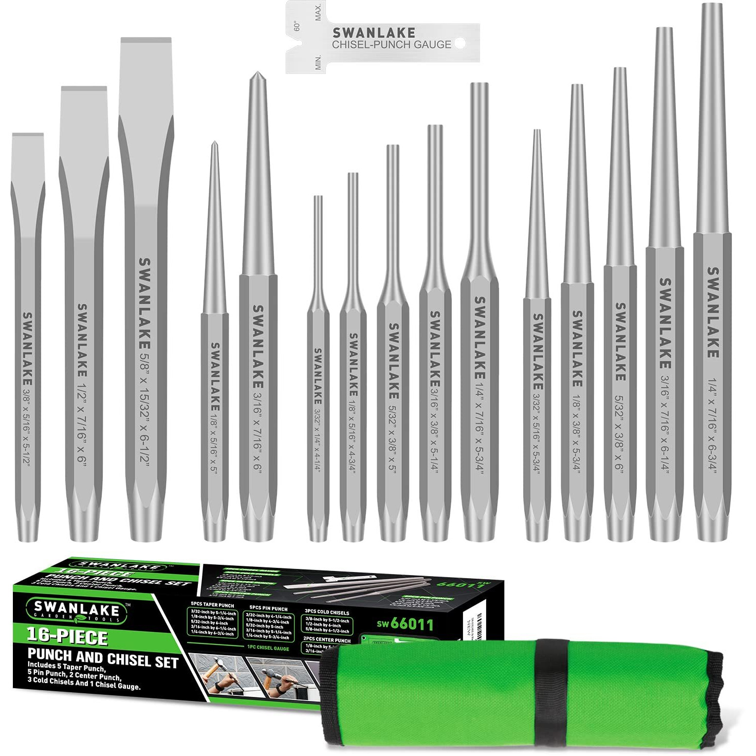 Swanlake Punch And Chisel Set, Including Taper Punch, Cold Chisels, Pin Punch, Center Punch (16Pcs)