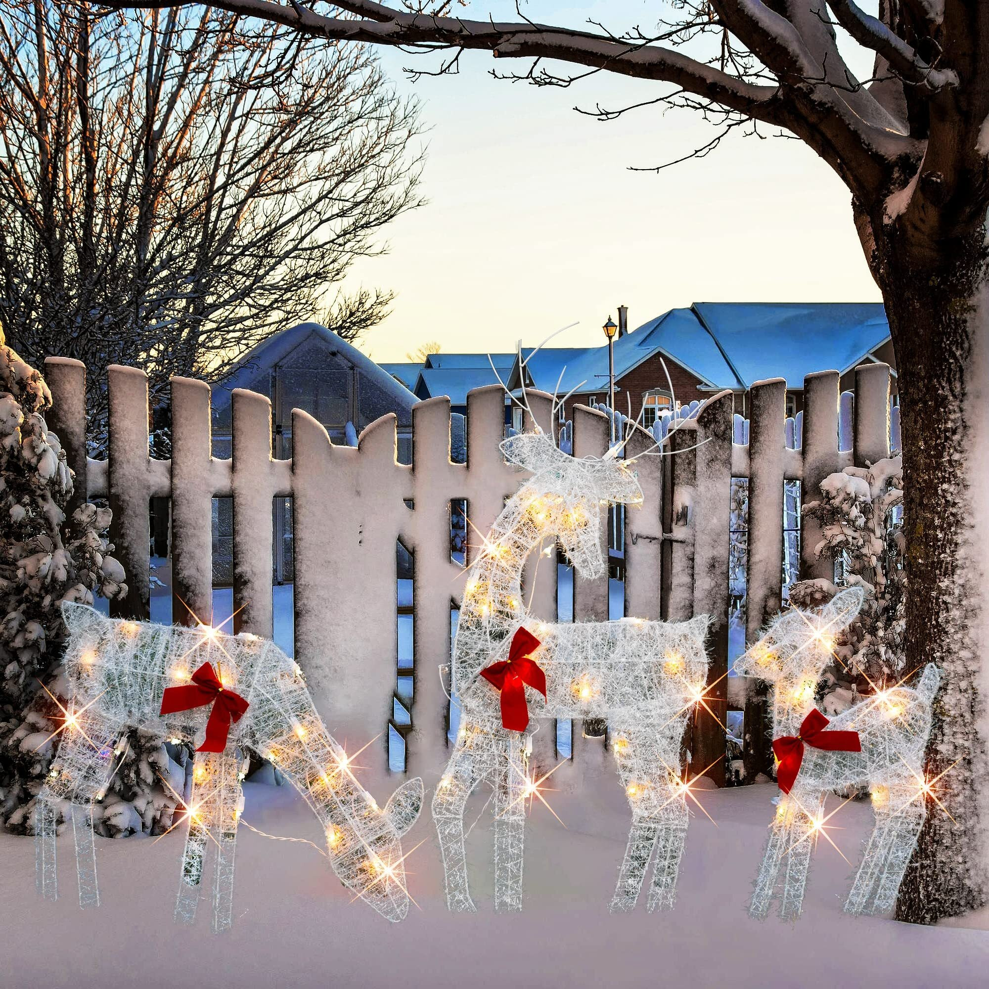 Hourleey Christmas Decoration Outdoor 60 Light Up Deer Family, 3-Piece Set 2D Waterproof Plug In Reindeer For Yard Patio Lawn Garden Party Decor 24X9.7X52Inch-Large(Warm White)