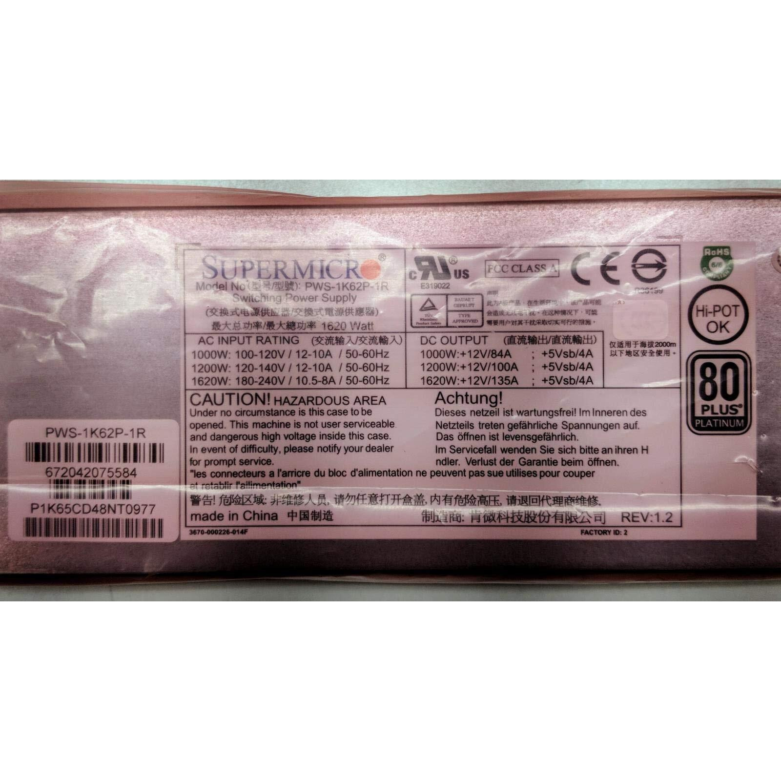 Supermicro Pws-1K62P-1R 1620 Watt Power Supply - 180-240 V