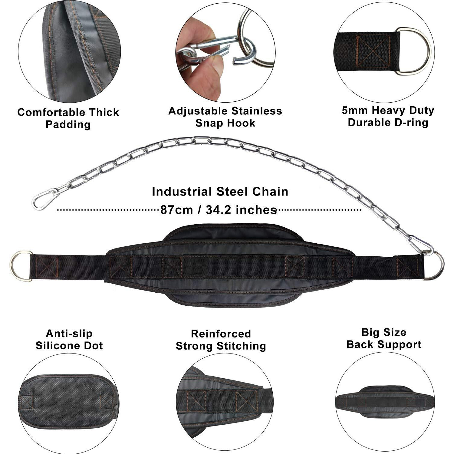 Hemeraphit Weighted Chin Up Belt With Chain Dip Belt Powerlifting Strength Training Pull Up Belt Waist Back Support