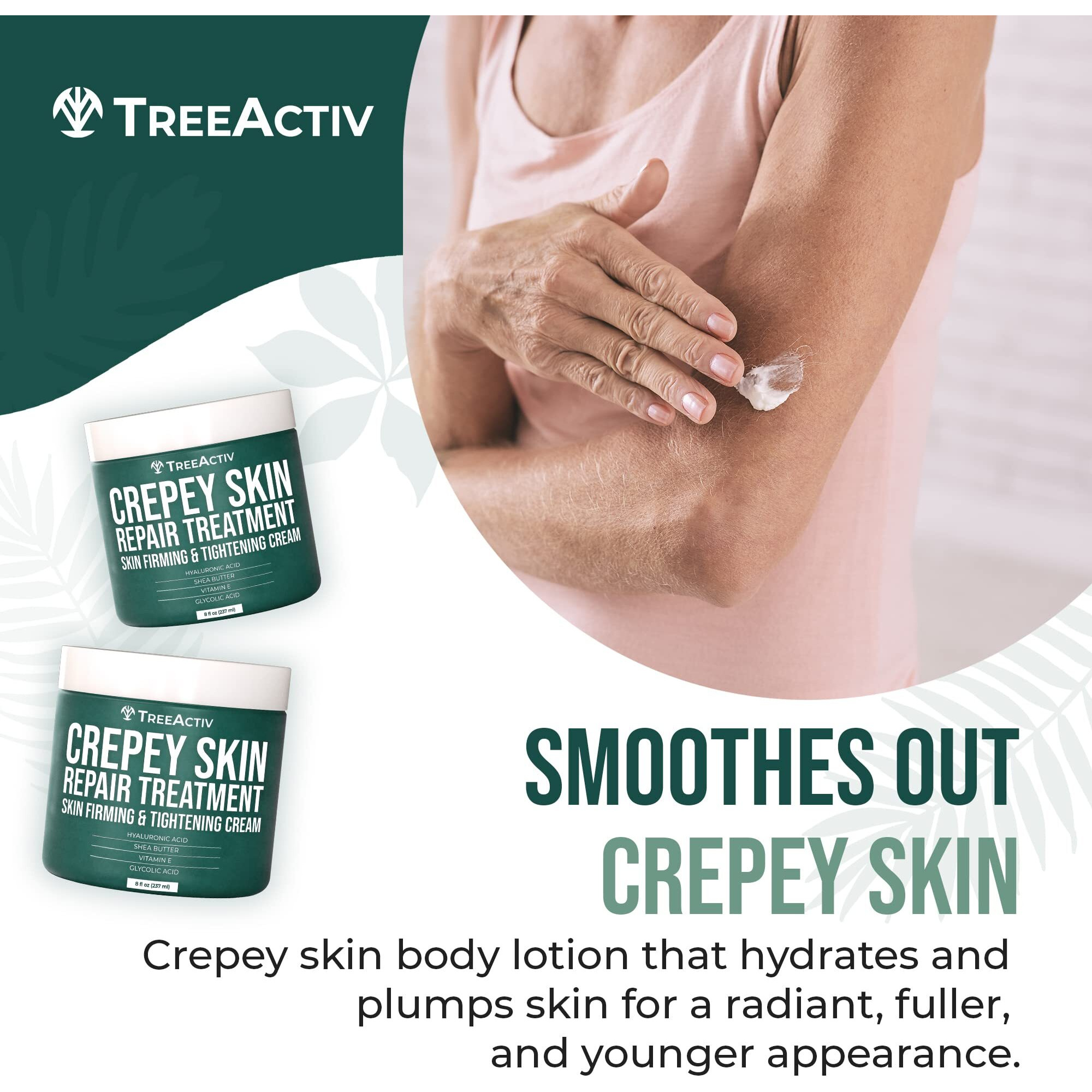 Treeactiv Crepey Skin Repair Treatment, 8Oz, Firming Cream For Face And Neck, Skin Firming And Tightening Lotion With Hyaluronic Acid, Crepey Skin Treatment That Moisturizes Dry Crepe Skin, 500+ Uses