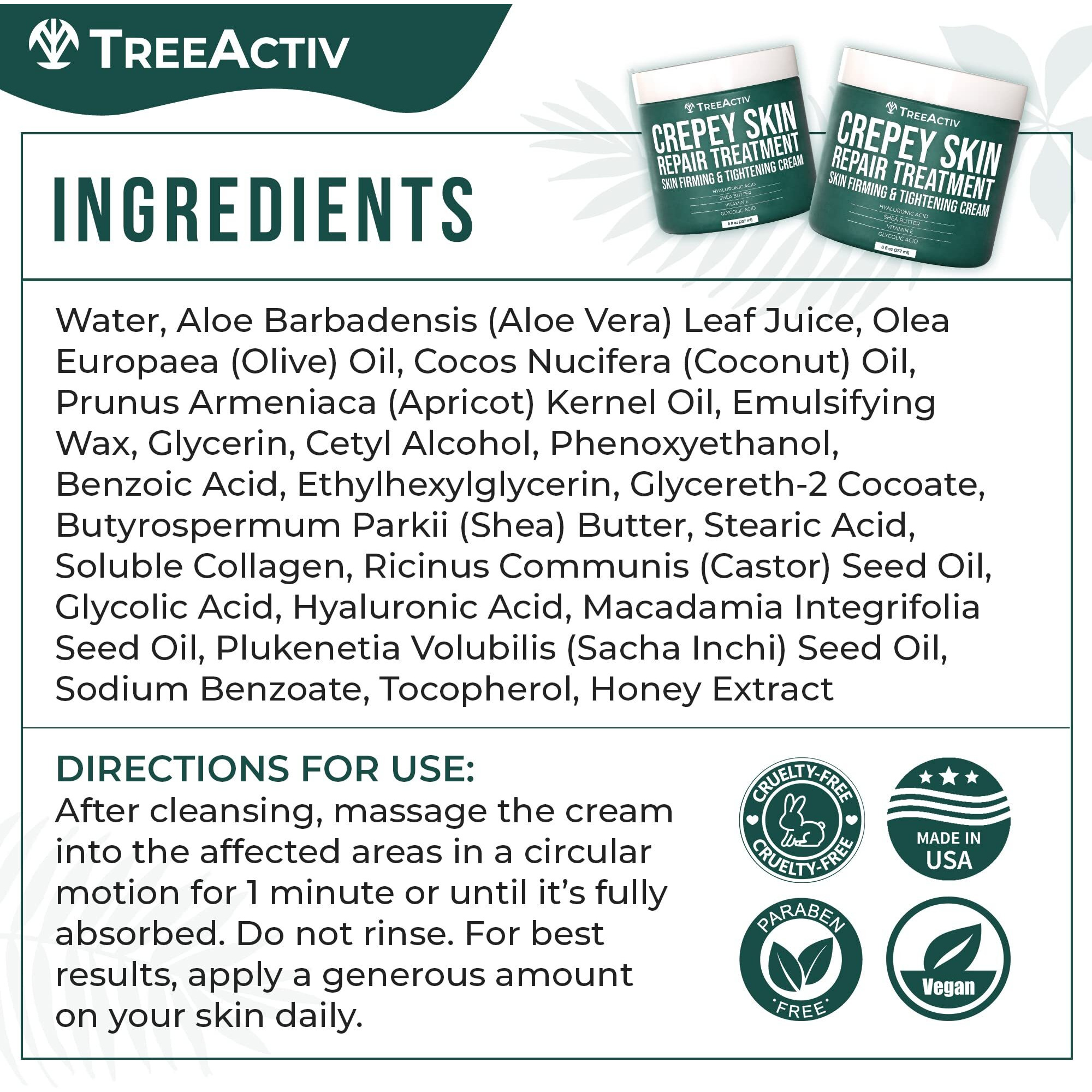 Treeactiv Crepey Skin Repair Treatment, 8Oz, Firming Cream For Face And Neck, Skin Firming And Tightening Lotion With Hyaluronic Acid, Crepey Skin Treatment That Moisturizes Dry Crepe Skin, 500+ Uses