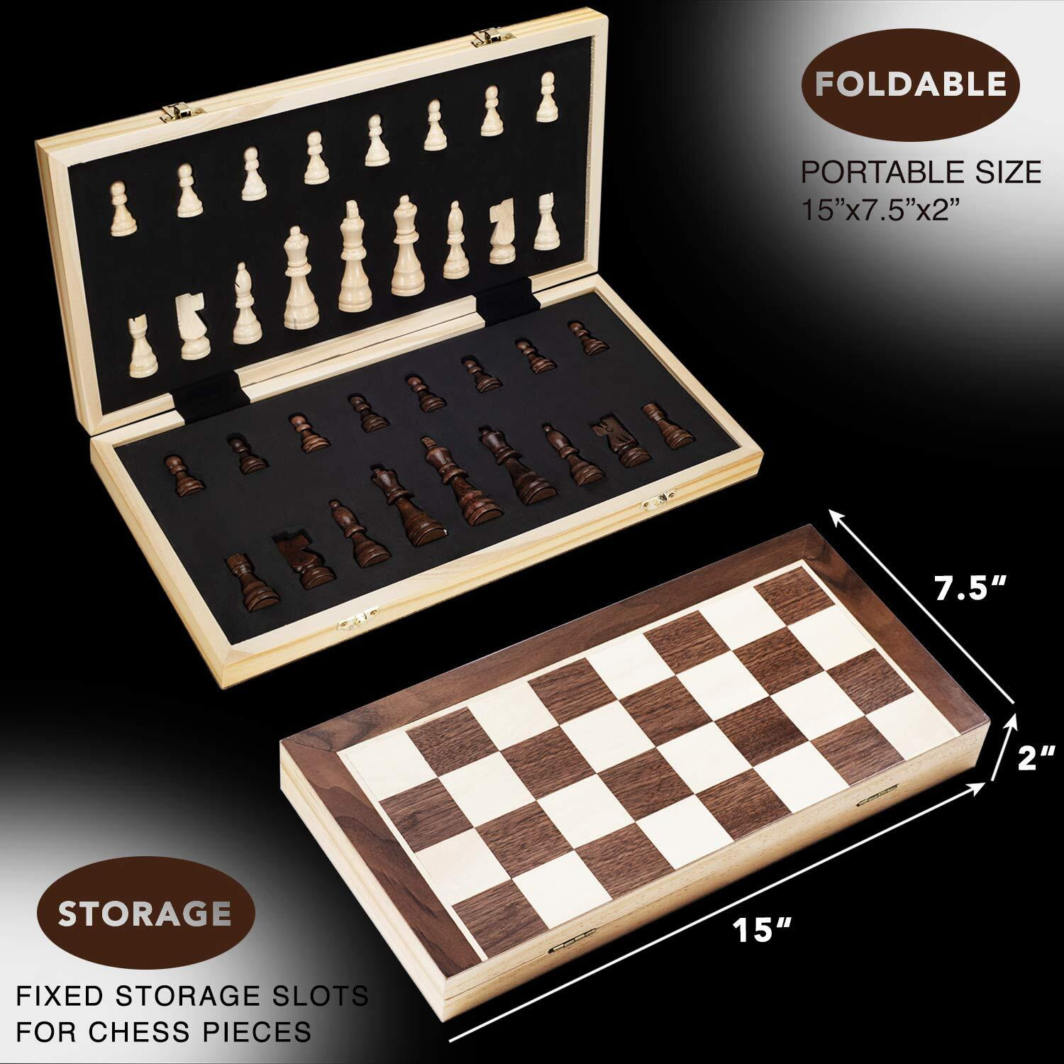 Amerous 15 Inches Magnetic Wooden Chess Set - 2 Extra Queens - Folding Board - Pieces Storage Slots, Handmade Portable Travel Chess Game - Beginner Chess Set For Kids, 6 Up Age