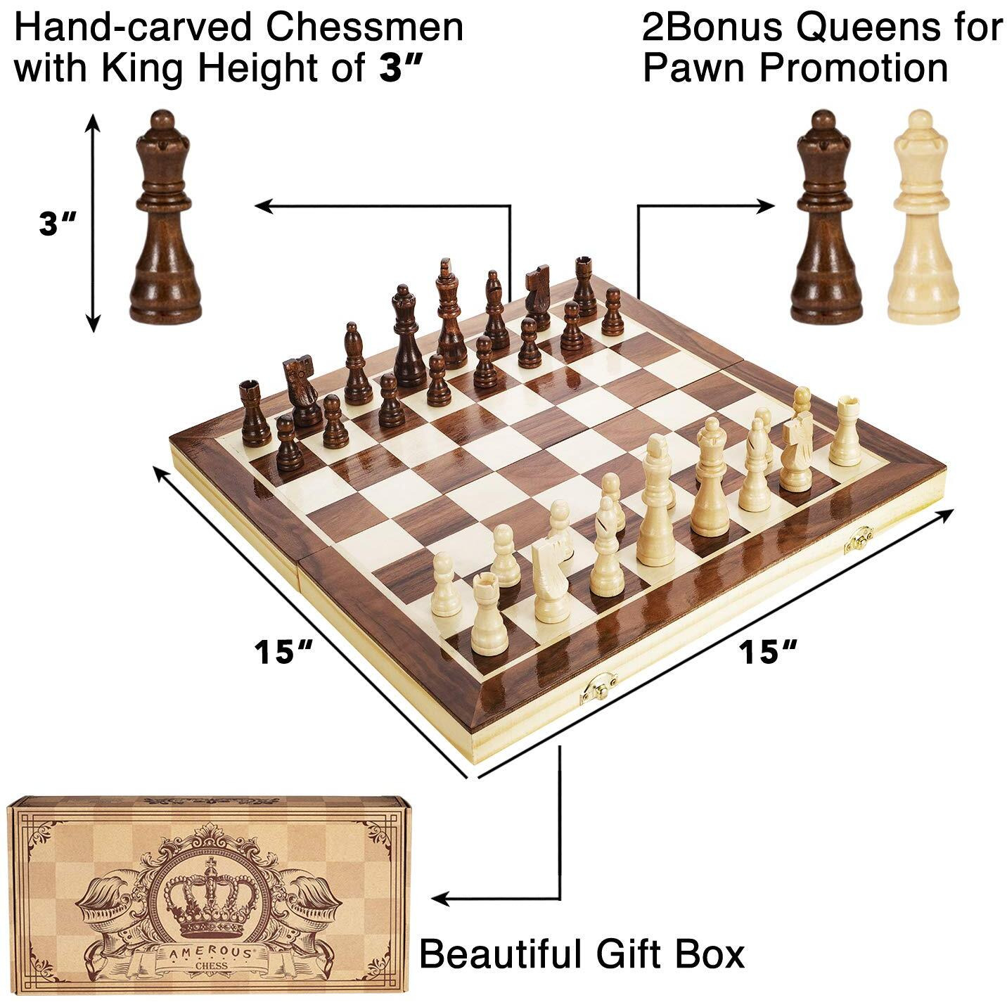 Amerous 15 Inches Magnetic Wooden Chess Set - 2 Extra Queens - Folding Board - Pieces Storage Slots, Handmade Portable Travel Chess Game - Beginner Chess Set For Kids, 6 Up Age