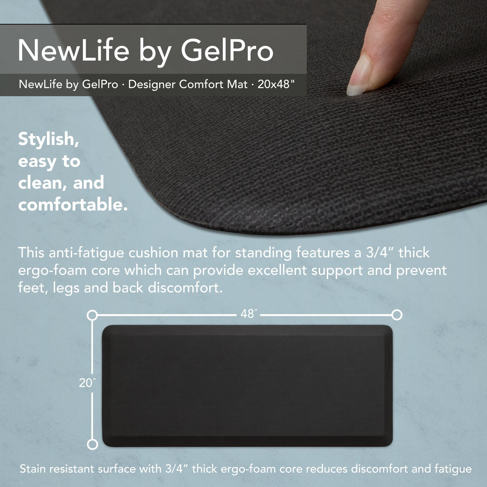 Newlife By Gelpro Anti-Fatigue Designer Comfort Kitchen Floor Mat, 20"&quotX48"", Grasscloth Charcoal Stain Resistant Surface With 3/4"" Thick Ergo-Foam Core For Health And Wellness