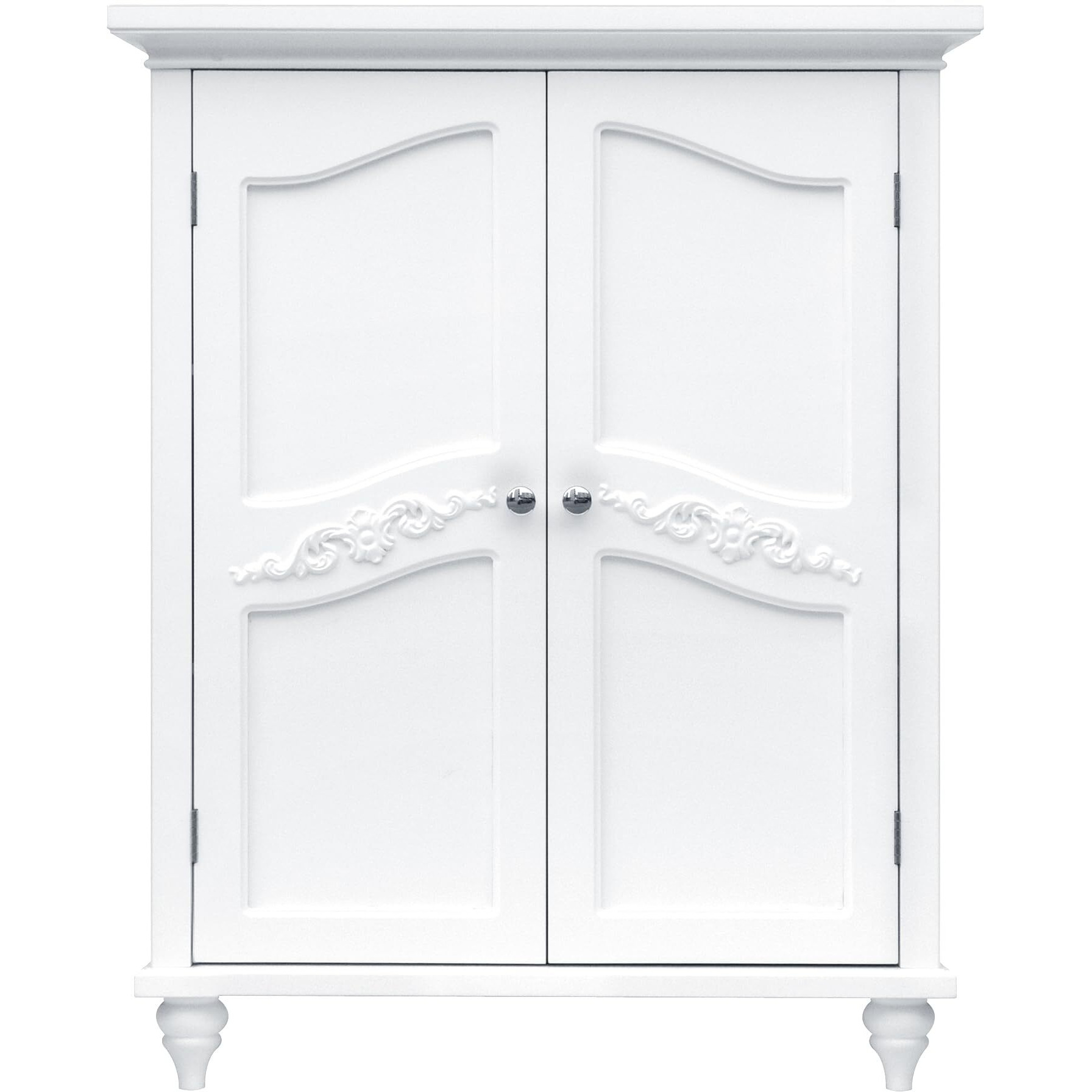 Teamson Home Versailles Wooden Freestanding Floor Storage Cabinet With 2 Adjustable Interior Shelves 3 Storage Spaces And 2 Floral Scroll Doors, White