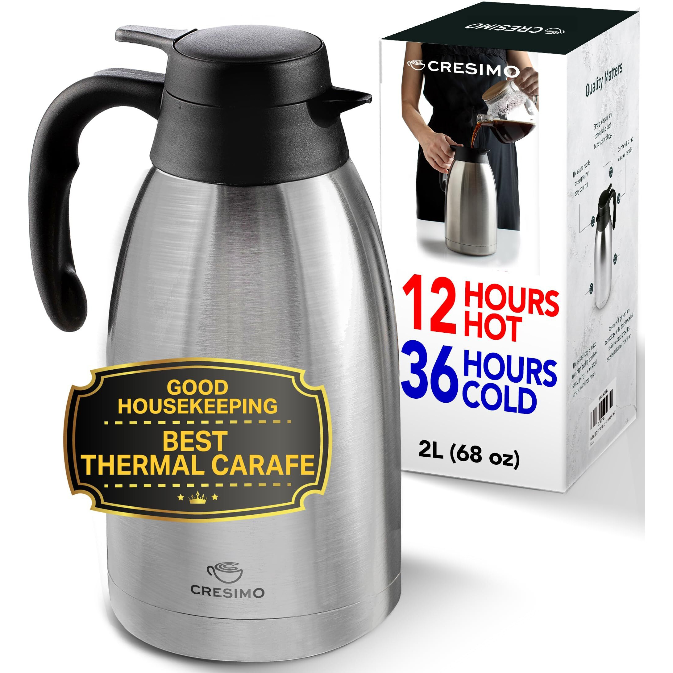 Thermal Coffee Carafe 68Oz / 2L - 12 Hours Hot Beverage Dispenser, Insulated Stainless Steel Carafe For Hot Liquids, Coffee Carafes For Keeping Hot Coffee Dispenser For Parties -Large Tea Carafe Flask