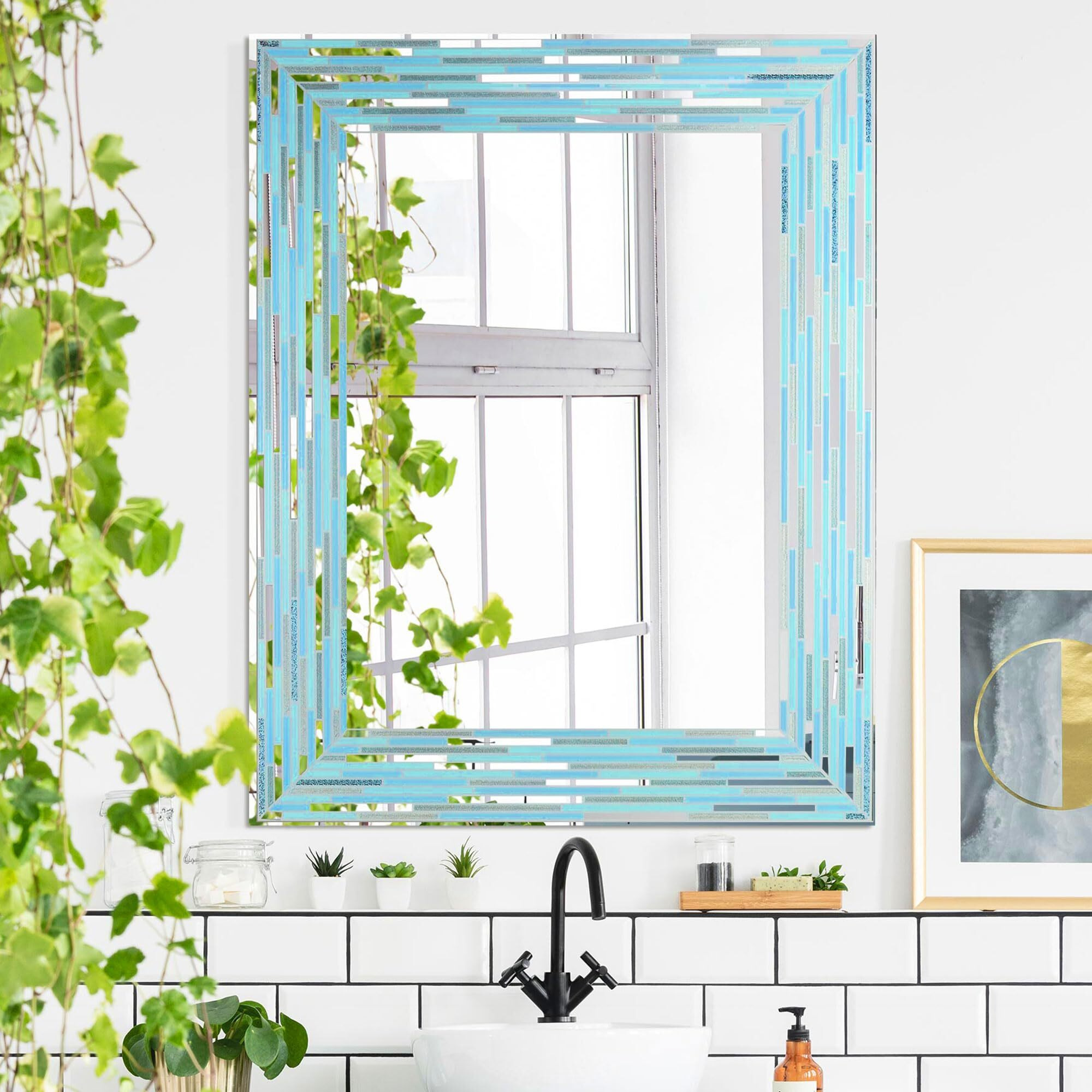 Head West Reeded Tiled Sea Glass Aqua Blue Bathroom Vanity Mirror, Mosaic Accent Decorative Mirror For Wall Decor, Modern Bathroom Mirror For Over Sink, Bedroom, Entryway, Hallway, Living Room 24"&quotX30""