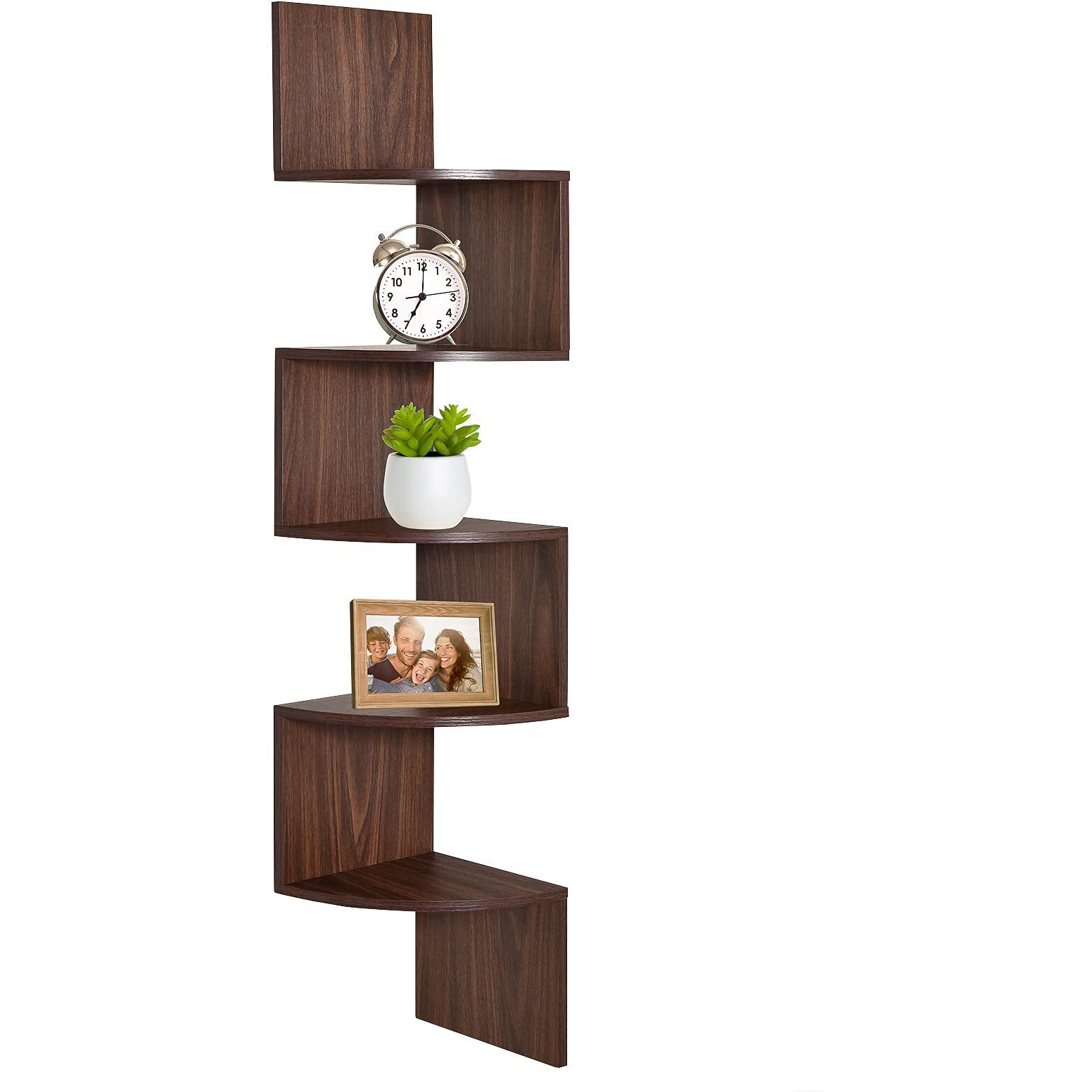 Greenco Corner Shelf, 5 Tier Floating Shelves For Wall, Easy-To-Assemble Wall Mount Corner Shelves For Bedrooms And Living Rooms, Rustic Walnut Finish