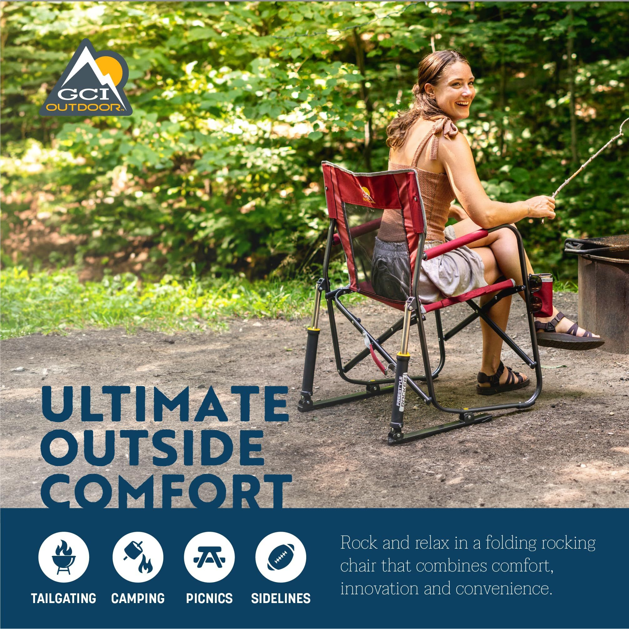 Gci Outdoor Freestyle Rocker Camping Chair | Portable Folding Rocking Chair With Solid, Durable Armrests, Drink Holder & Comfortable Backrest - Indigo Blue
