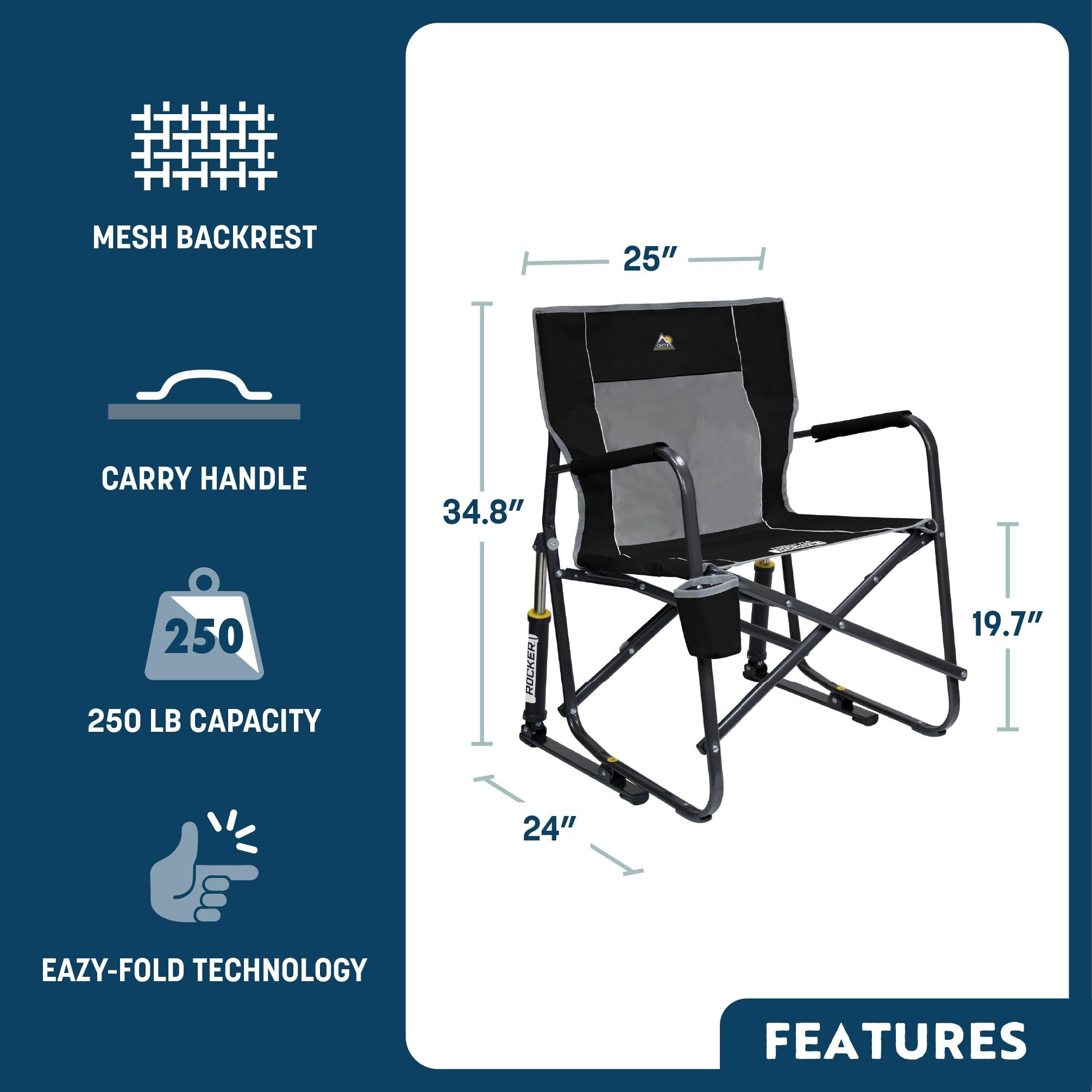 Gci Outdoor Freestyle Rocker Camping Chair | Portable Folding Rocking Chair With Solid, Durable Armrests, Drink Holder & Comfortable Backrest - Indigo Blue