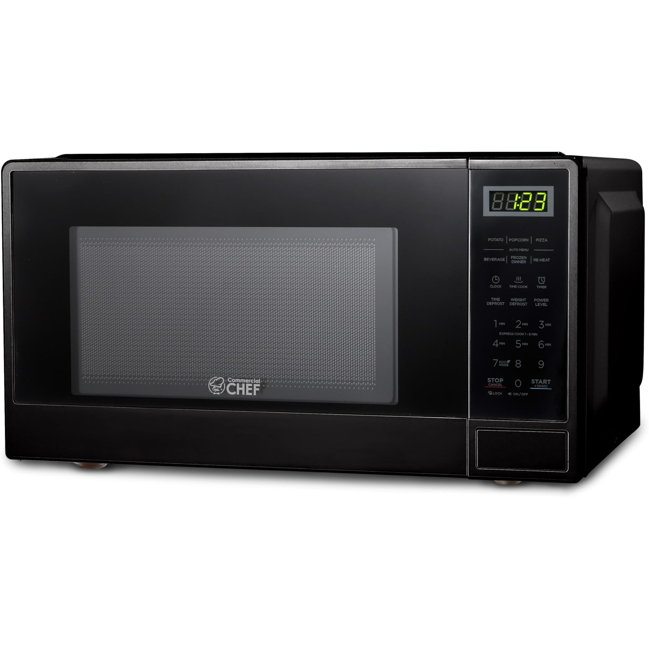 Commercial Chef 1.1 Cu Ft Microwave With 10 Power Levels, Small Microwave With Push Button, 1000W Countertop Microwave With Kitchen Timer, Door Lock, & Digital Controls, Black