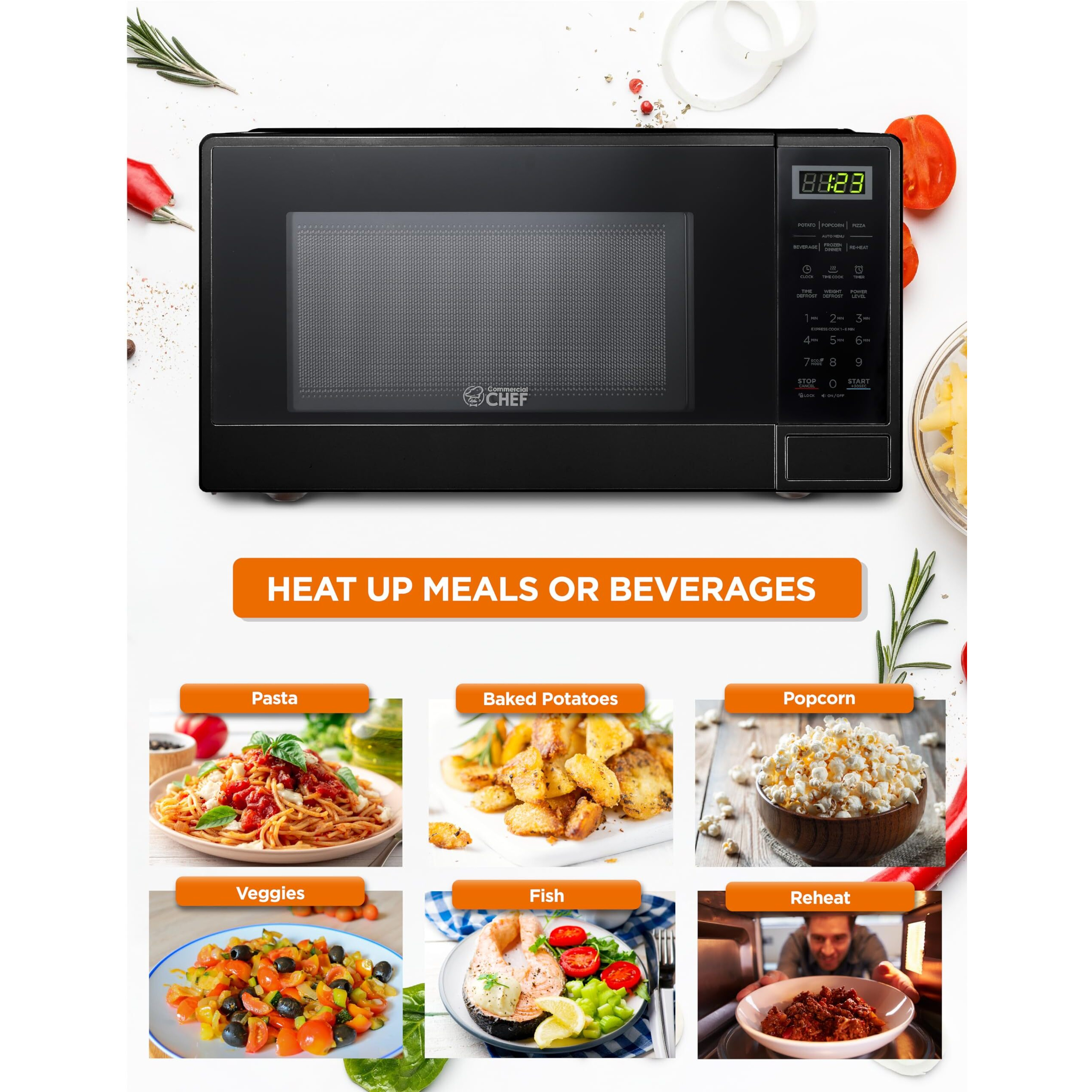 Commercial Chef 1.1 Cu Ft Microwave With 10 Power Levels, Small Microwave With Push Button, 1000W Countertop Microwave With Kitchen Timer, Door Lock, & Digital Controls, Black