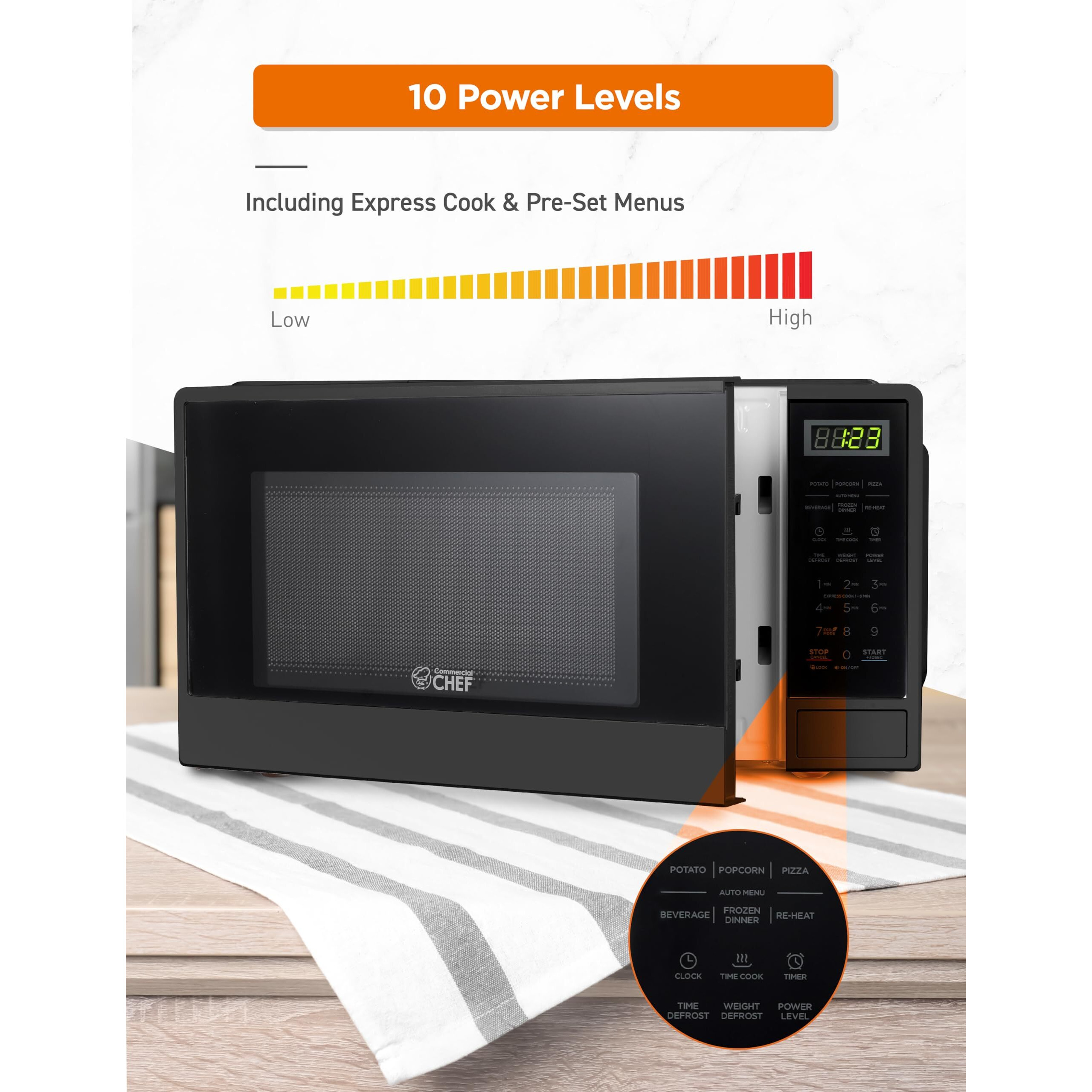 Commercial Chef 1.1 Cu Ft Microwave With 10 Power Levels, Small Microwave With Push Button, 1000W Countertop Microwave With Kitchen Timer, Door Lock, & Digital Controls, Black