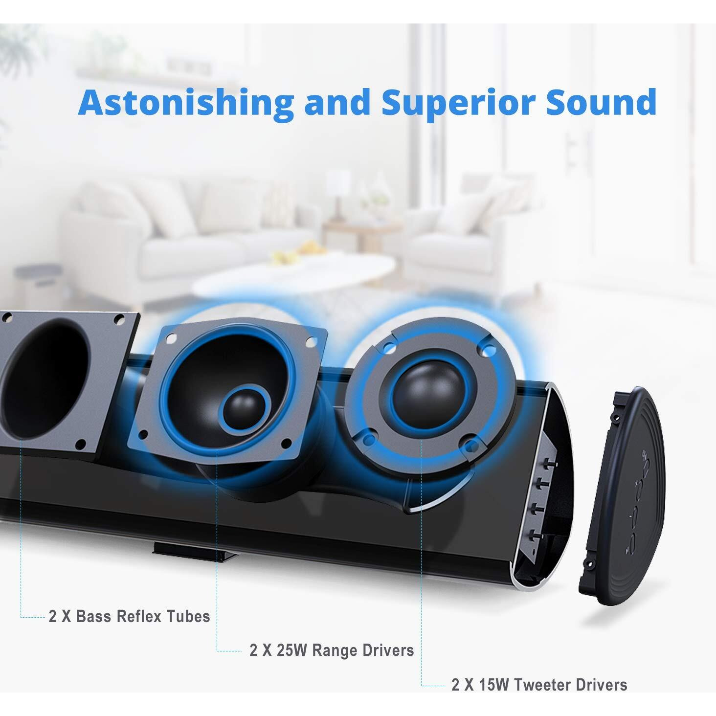 Bestisan 80 Watt Soundbar, Sound Bars For Tv Of Home Theater System (Bluetooth 5.0, 34 Inch, Dsp, Strong Bass, Wireless Wired Connections, Bass Adjustable, Wall Mountable)