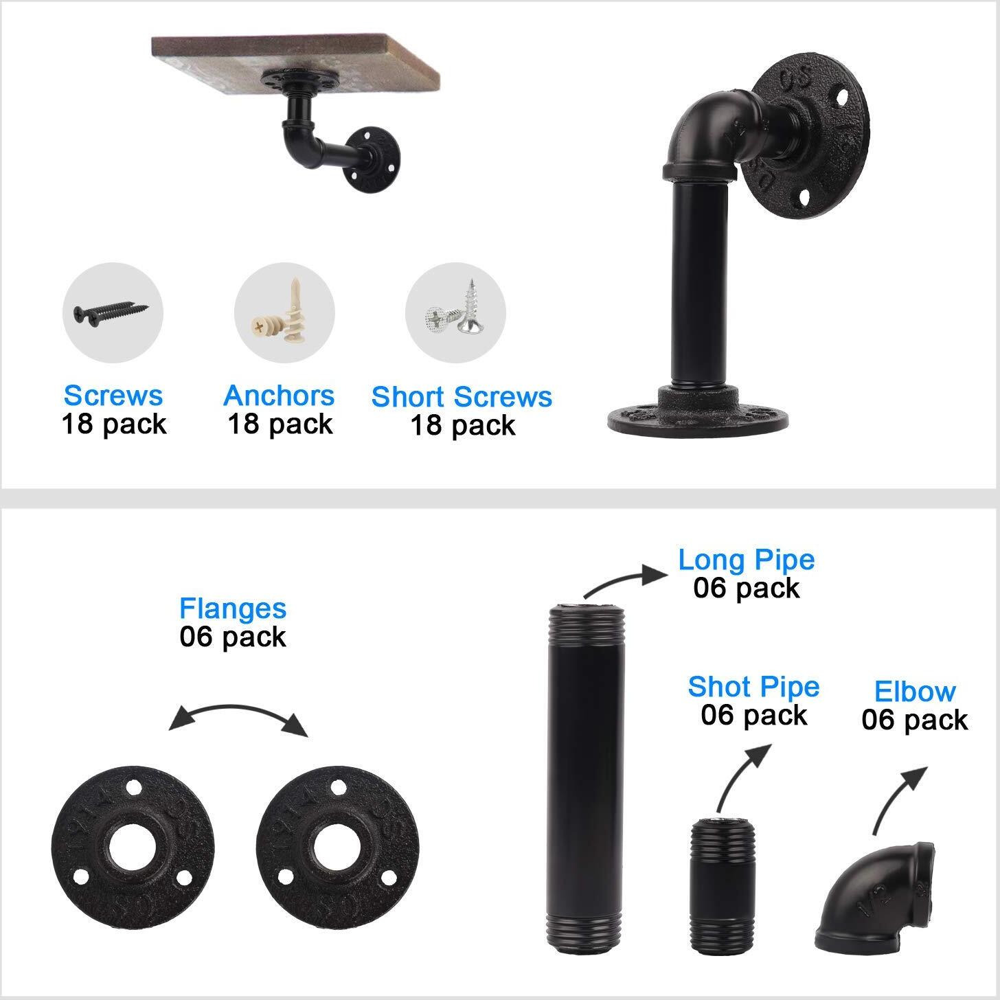 Pipe Shelf Brackets Set Of 6 Equason Industrial Iron Shelf Brackets Pipe Shelving Brackets For Custom Floating Shelves Diy Rustic Shelves Brackets Hardware Included Black