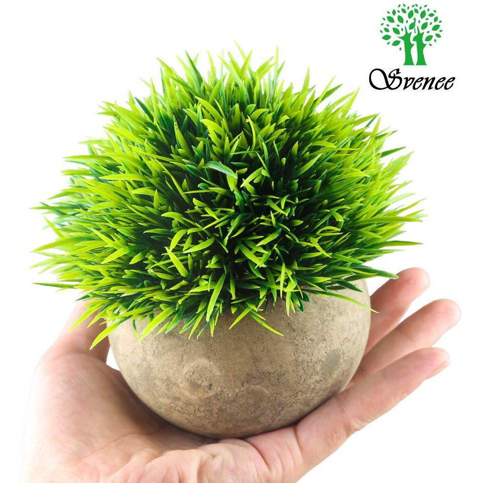 Svenee Mini Artificial Plants, Plastic Fake Green Grass Faux Greenery Topiary Shrubs With Grey Pots For Bathroom Home Office D  Cor, House Decorations (1)