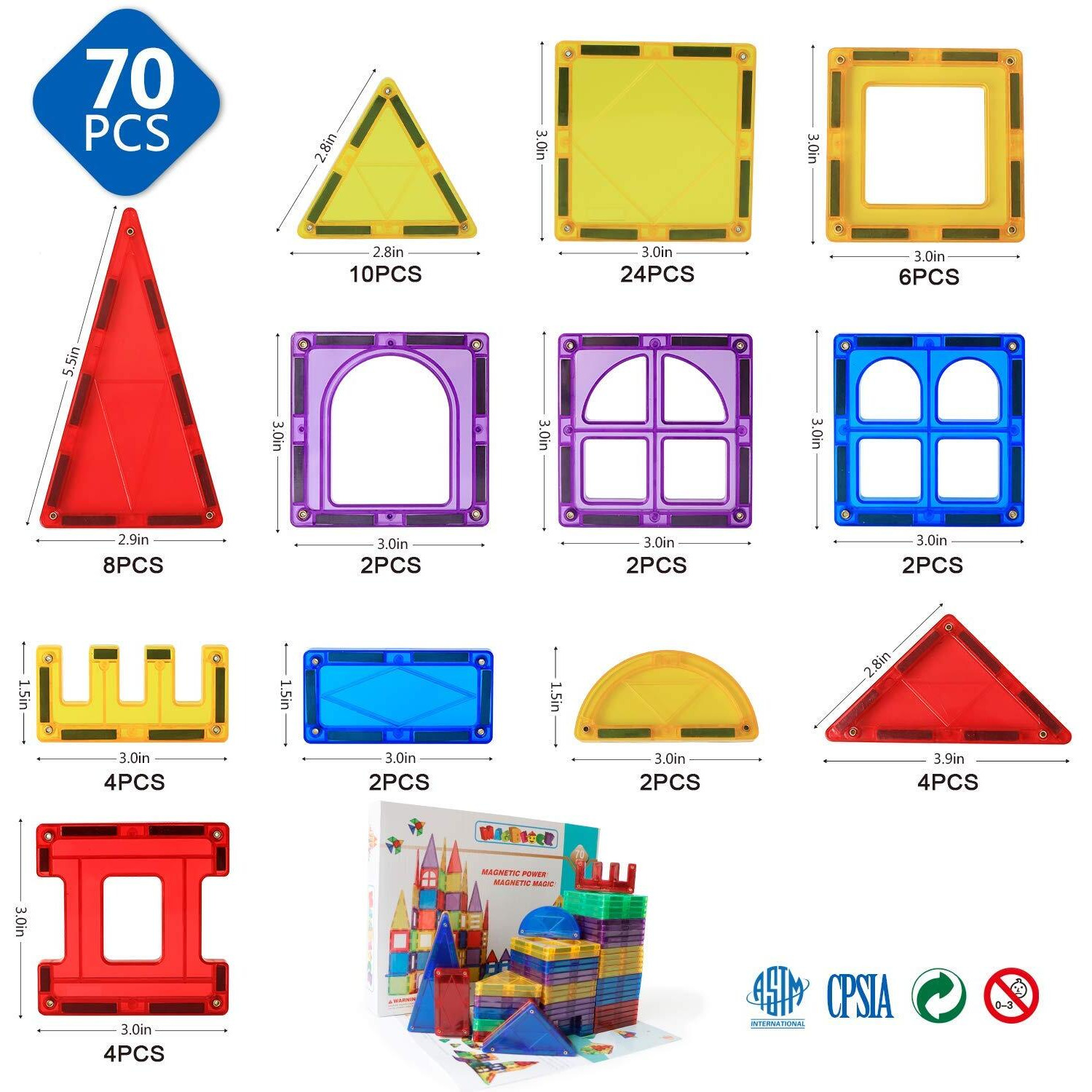 Magblock Magnetic Blocks - Magnetic Tiles Toys For Toddlers Kids Magnetic Building Blocks Preschool Magnet Set Magnetic Stem Toys 70 Pieces