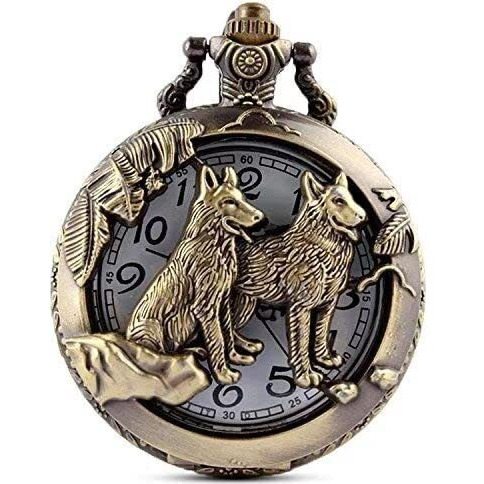 Gorben Pocket Watch Retro Antique Animals Steampunk Pocket Quartz Movement Watches Box Gifts (Wolves)