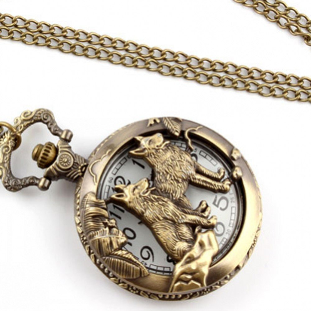 Gorben Pocket Watch Retro Antique Animals Steampunk Pocket Quartz Movement Watches Box Gifts (Wolves)