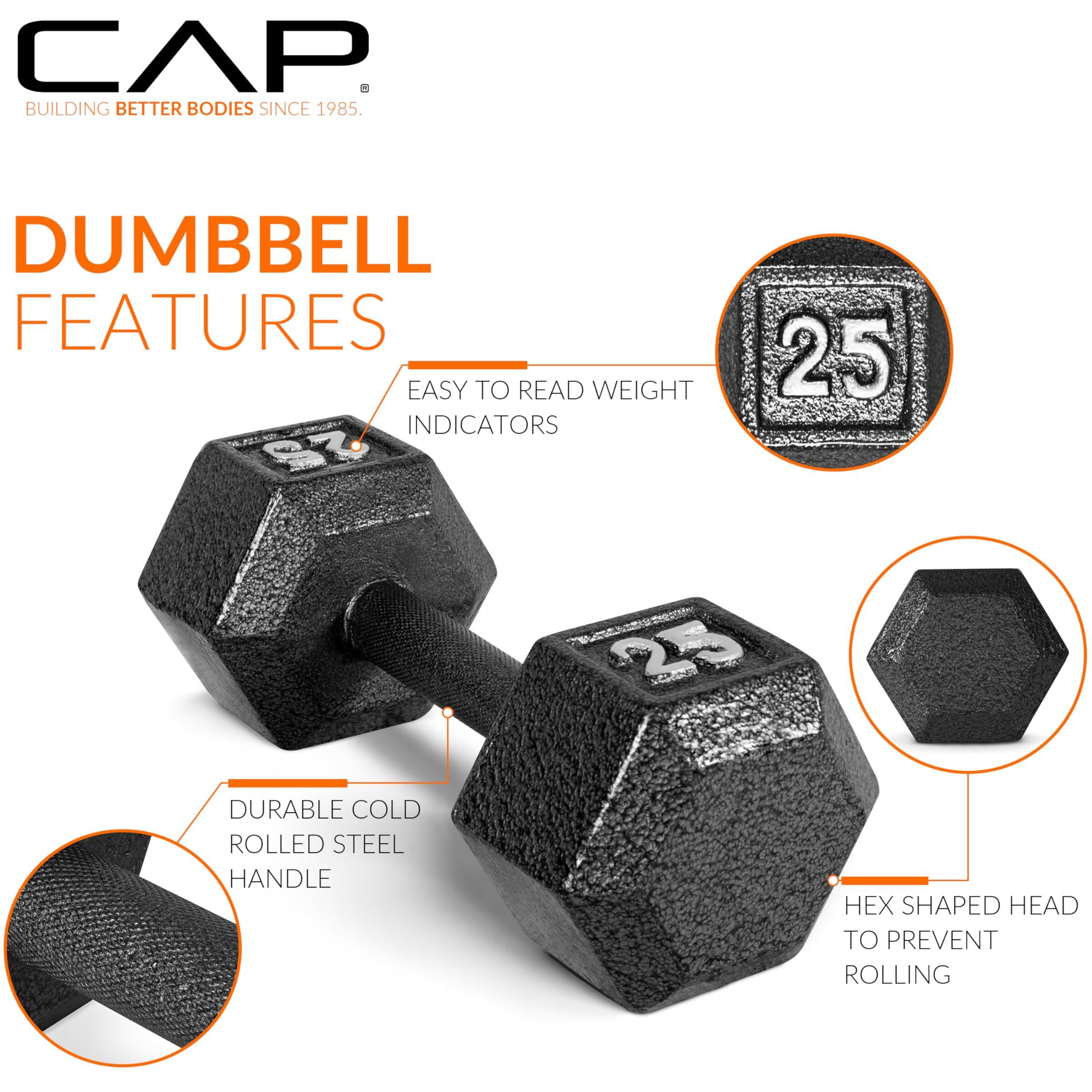 Cap Barbell Cast Iron Hex Dumbbell Weights (Pair), Black, 20 Lb