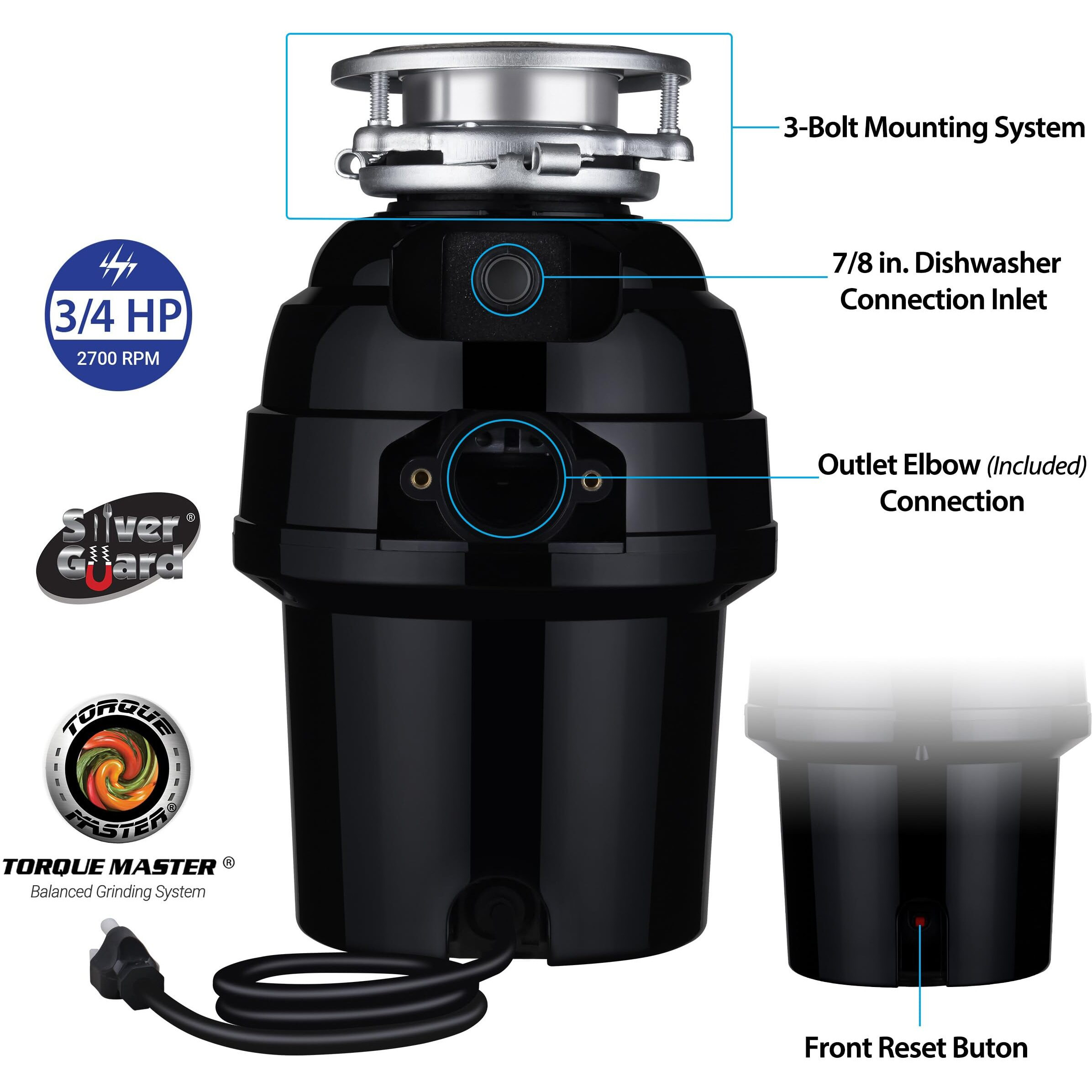 Titan 10-Us-Tn-T-960-3B Garbage Disposal, 3/4 Hp Deluxe, Black With Stainless Steel Sink Flange And Silver Guard