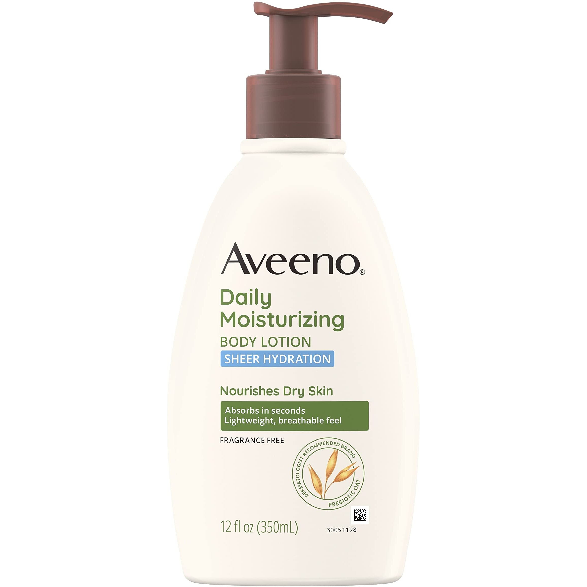 Aveeno Sheer Hydration Daily Moisturizing Fragrance-Free Lotion With Nourishing Prebiotic Oat, Fast-Absorbing Body Moisturizer For Dry Skin With Lightweight, Breathable Feel, 12 Fl. Oz