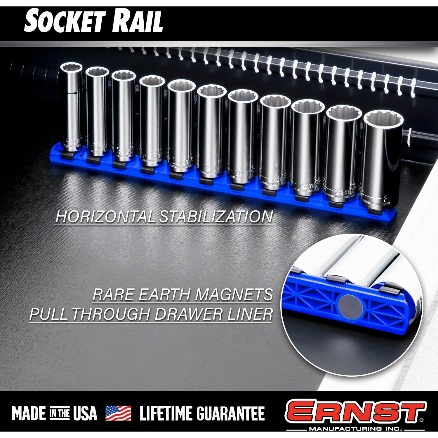 Ernst Manufacturing 18-Inch Magnetic Socket Organizer With 17 1/2-Inch Twist Lock Clips, Blue (8405M-Blue-1/2)