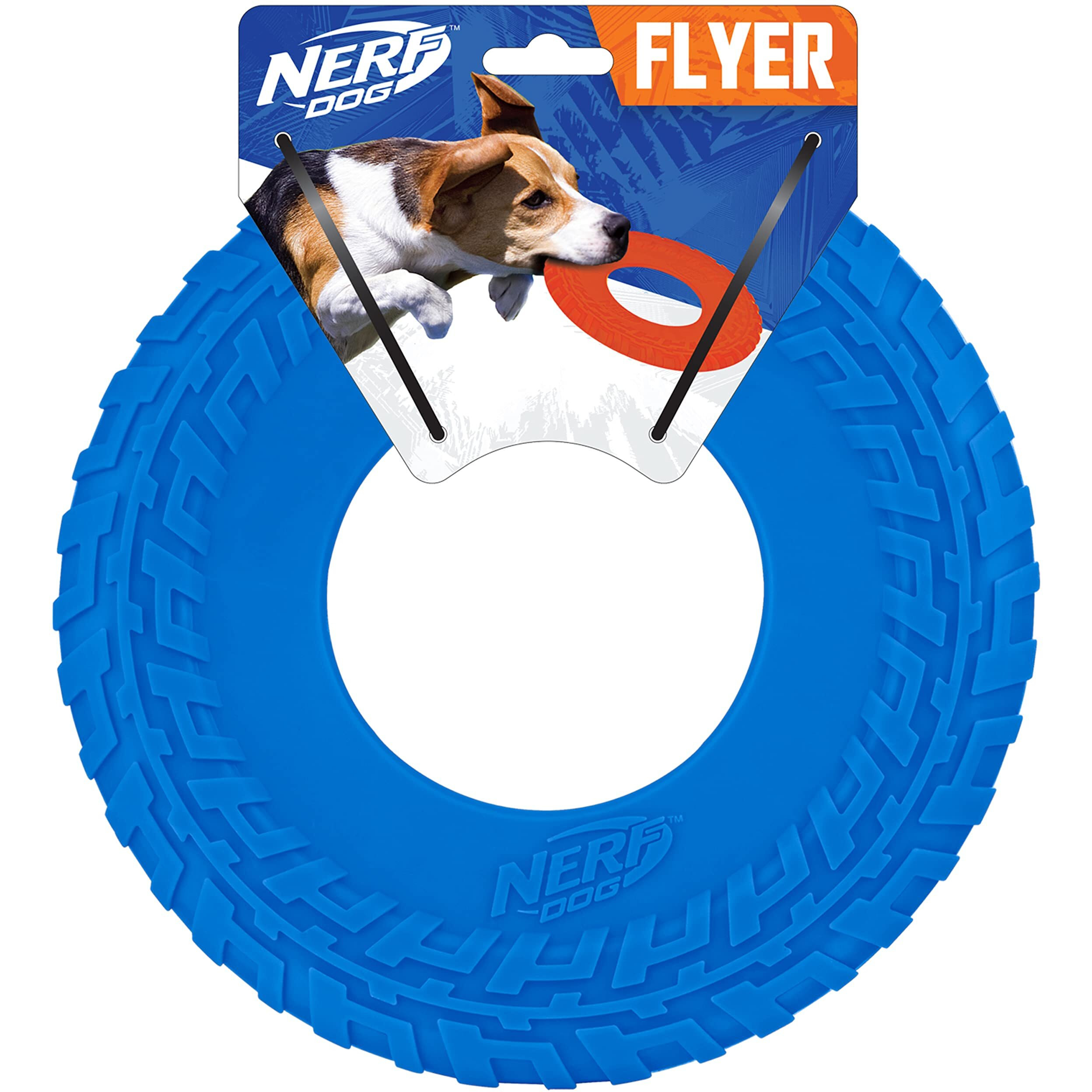 Nerf Dog Rubber Tire Flyer Dog Toy, Flying Disc, Lightweight, Durable, Floats In Water, Great For Beach And Pool, 10 Inch Diameter, For Medium/Large Breeds, Single Unit, Blue, Original