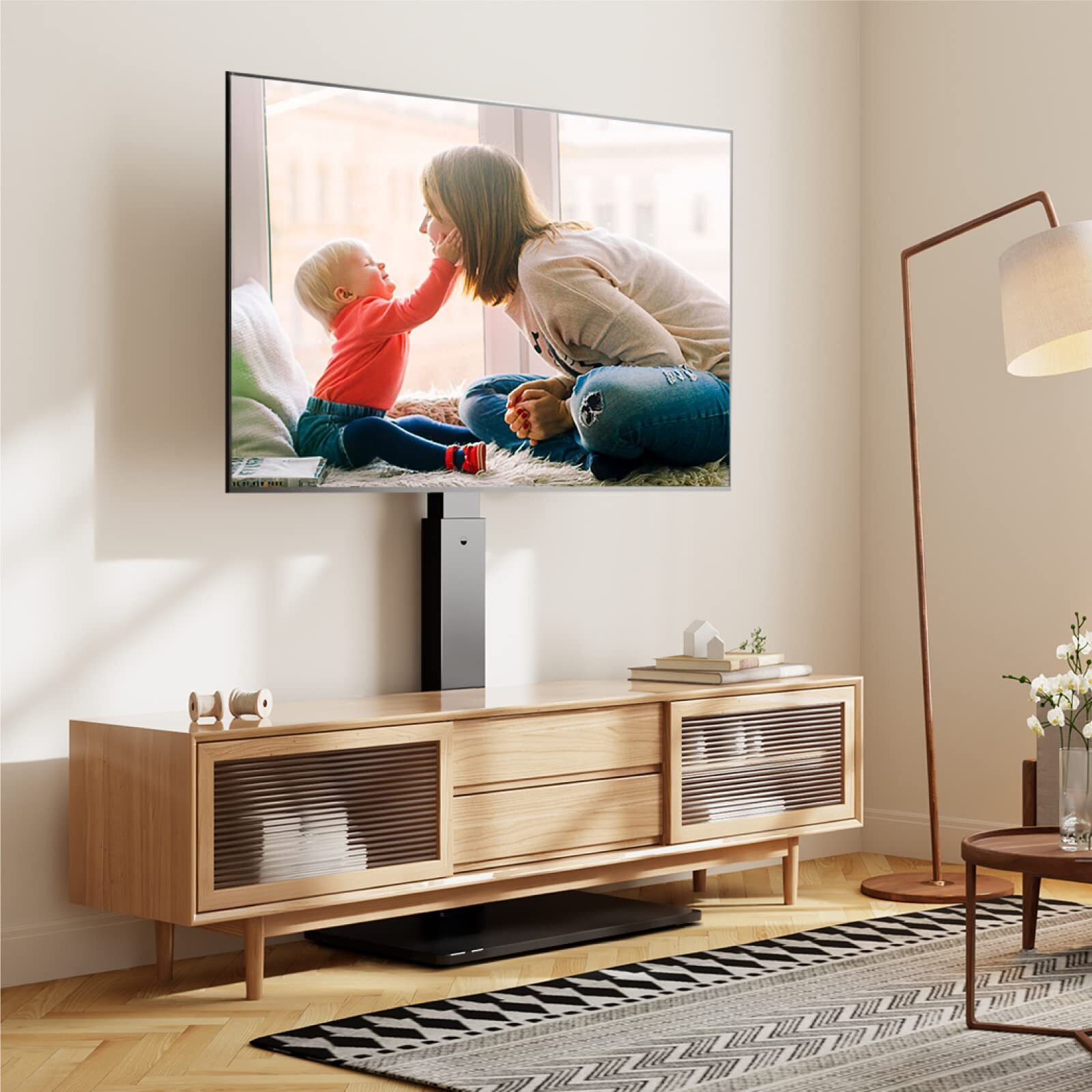 Fitueyes Universal Floor Tv Stand Swivel Mount Height Adjustable For 27 32 55 65 70 Inch Flat And Curved Screen Tvs, Tempered Glass Base Black Tv Stands With Cable Management Modern