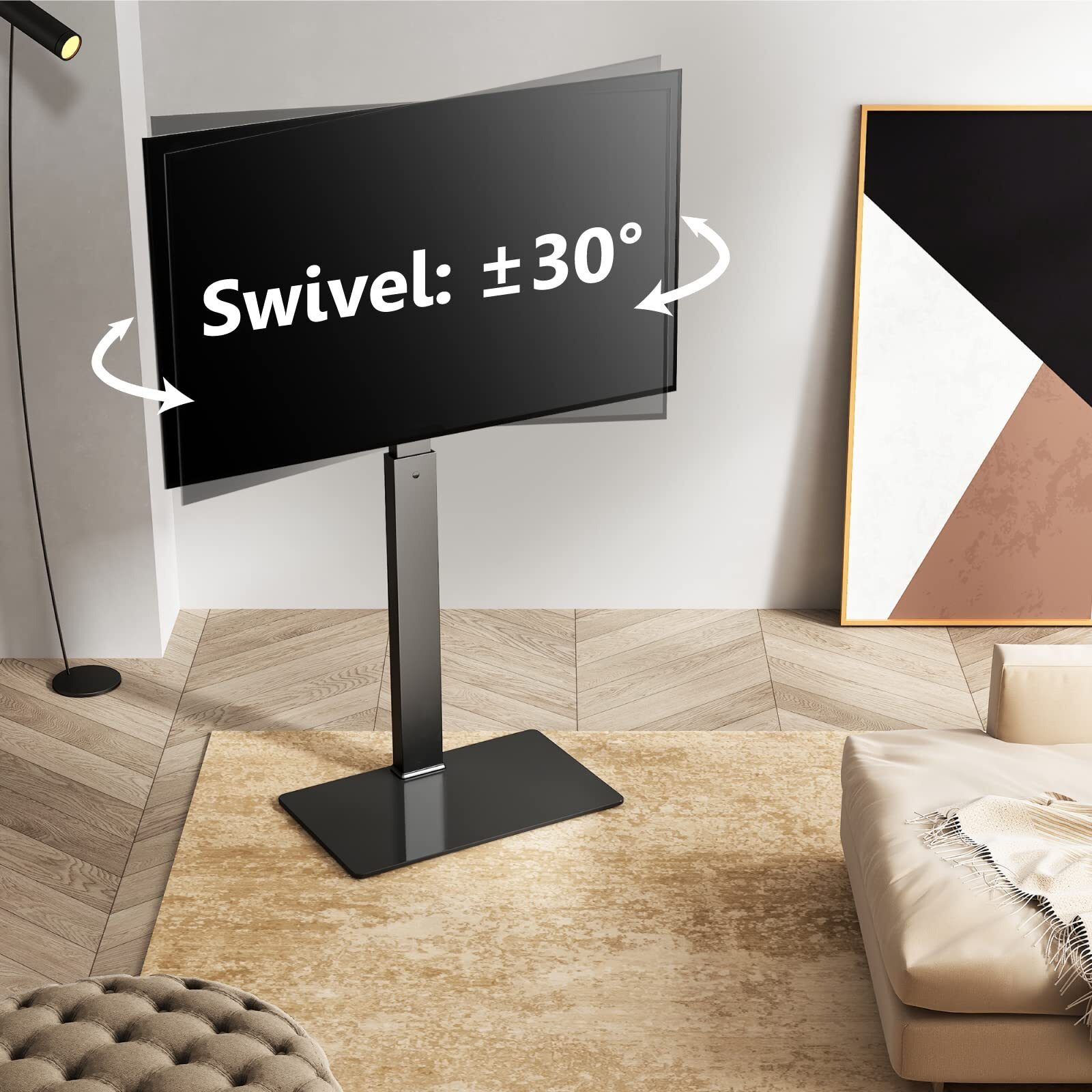 Fitueyes Universal Floor Tv Stand Swivel Mount Height Adjustable For 27 32 55 65 70 Inch Flat And Curved Screen Tvs, Tempered Glass Base Black Tv Stands With Cable Management Modern