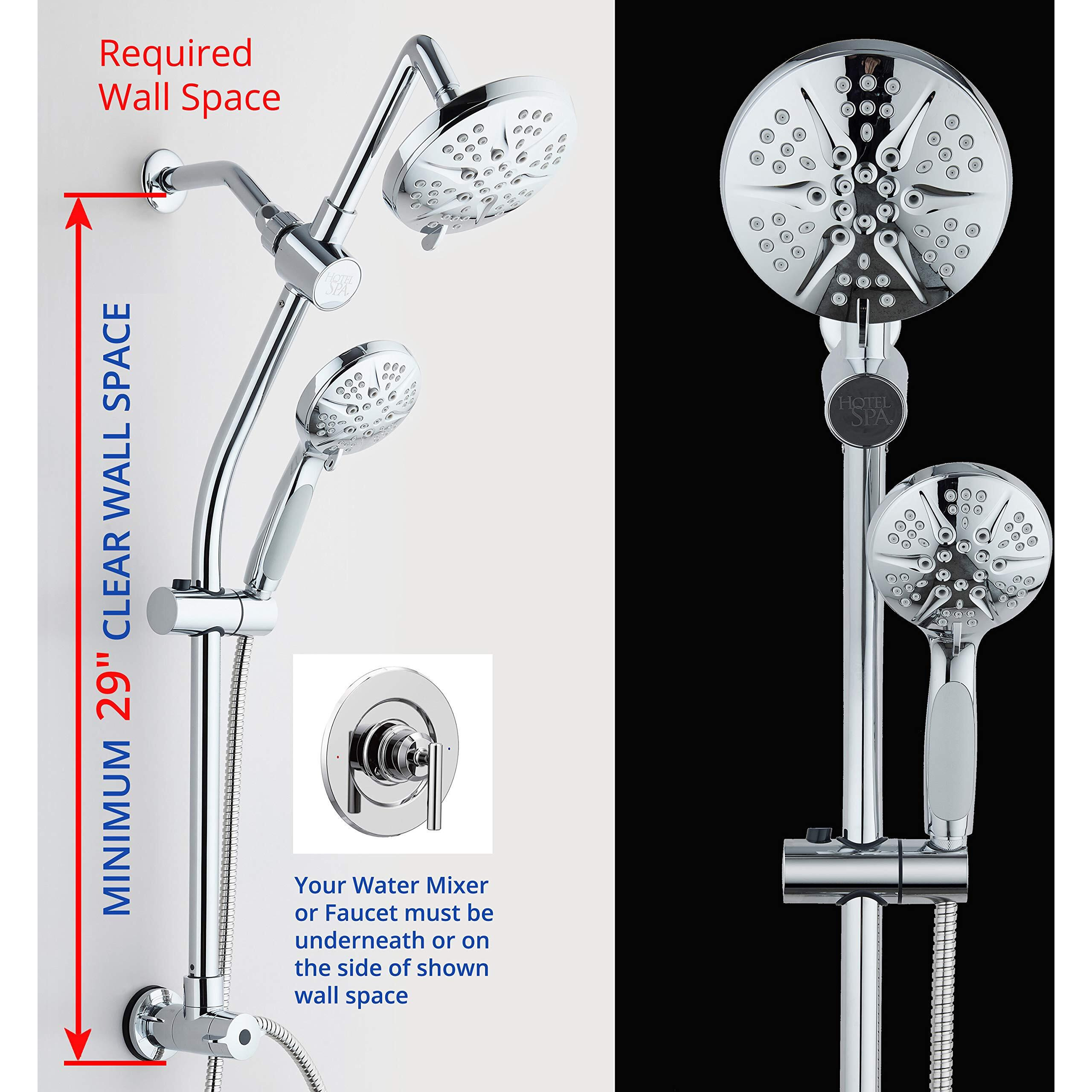 Spa Station 34"" Adjustable Drill-Free Slide Bar With 48-Setting Showerhead Combo & Height Extension Arm / 3-Way Rain & Handheld Shower Head/Low Reach Diverter/Stainless Steel Hose/Chrome