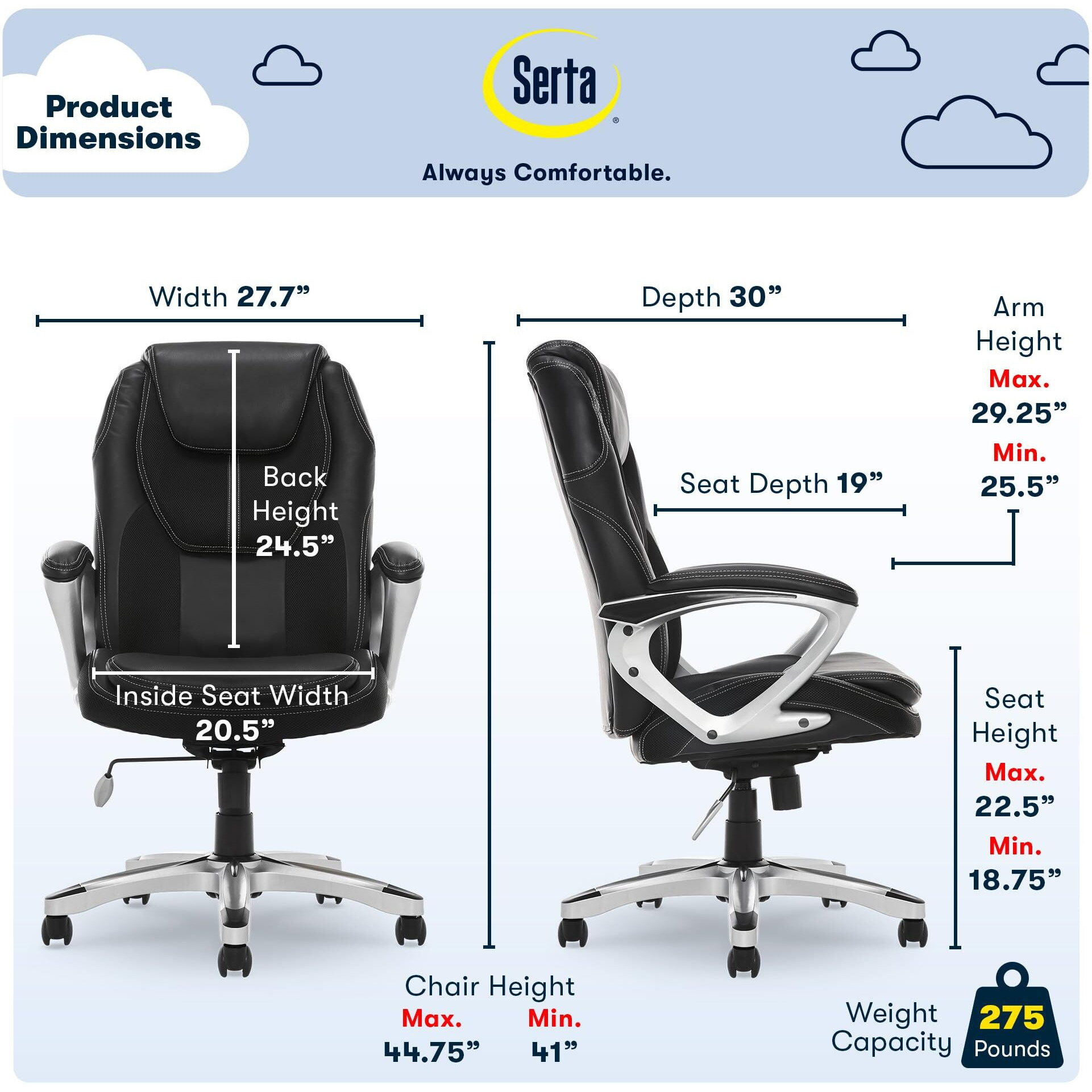 Serta Amplify Executive Office Padded Arms, Adjustable Ergonomic Gaming Desk Chair With Lumbar Support, Faux Leather And Mesh, Black