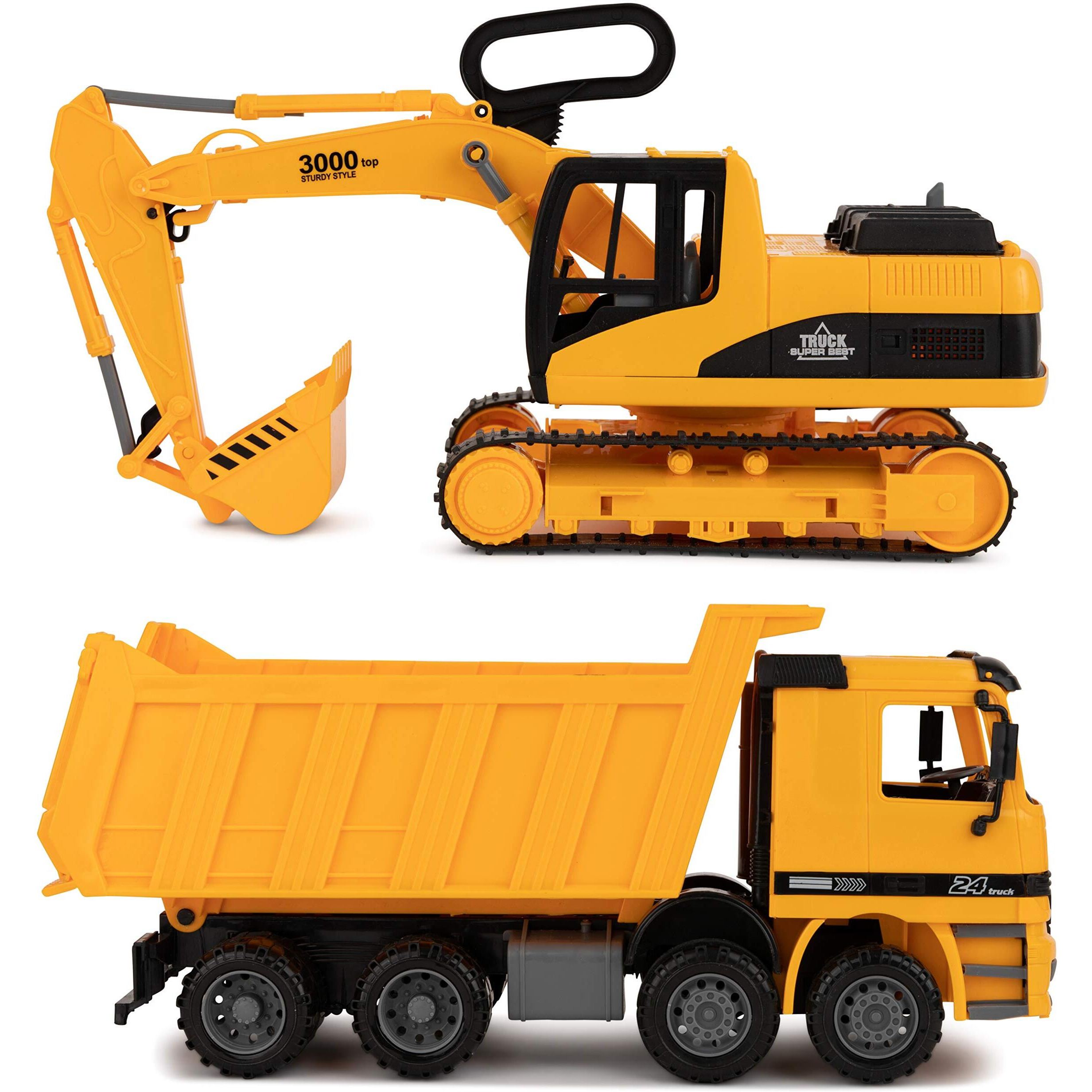 Toy To Enjoy Excavator & Dump Truck Toy For Kids (Set Of 2) - Moveable Claw & Lifting Back - Garbage Truck & Bulldozer Digger - Construction Vehicle For Kids & Children