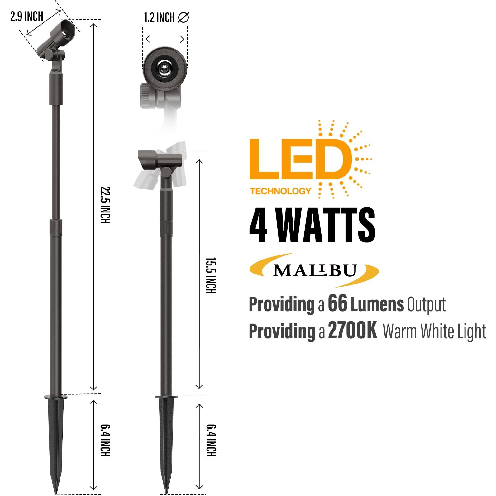 Malibu Low Voltage Led Telescoping Spotlight Wall Light Outdoor Spotlight Waterproof Lighting For Driveway, Yard, Lawn, Flood, Garden, Outdoor Lighting 8406-2606-01