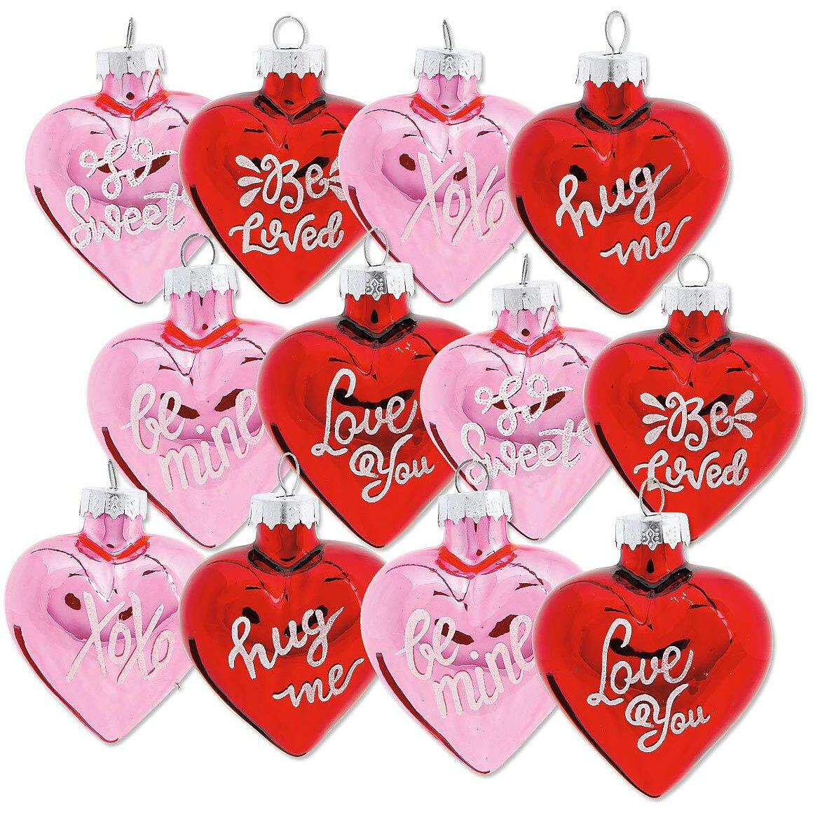 Lillian Vernon Glitter Words Glass Heart Valentine's Day Ornaments - Set Of 12, 6 Of Each Color, Sparkling Decorations, Holiday Home Decor, 1-1/4"" X 2"" X 2-1/2""