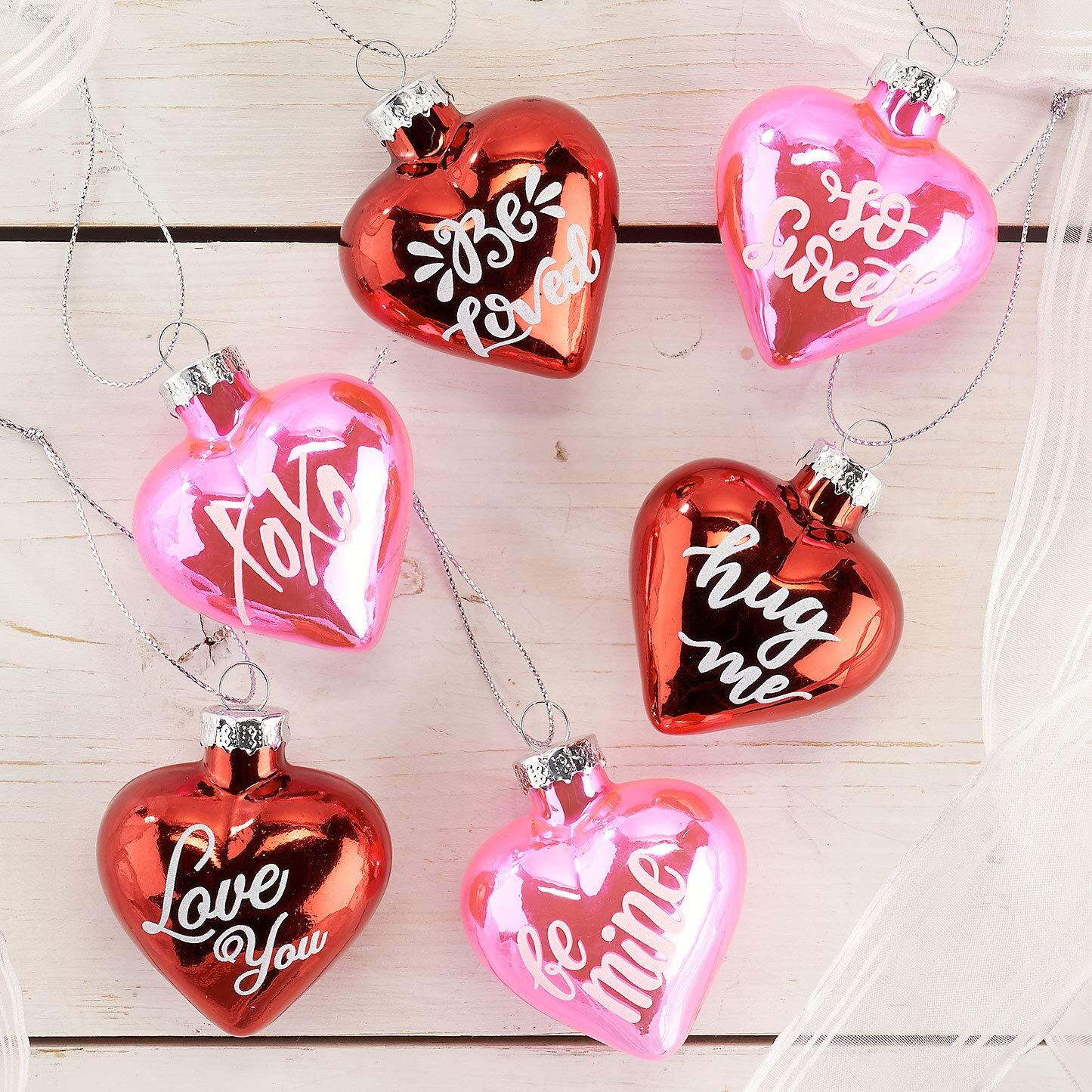 Lillian Vernon Glitter Words Glass Heart Valentine's Day Ornaments - Set Of 12, 6 Of Each Color, Sparkling Decorations, Holiday Home Decor, 1-1/4"" X 2"" X 2-1/2""