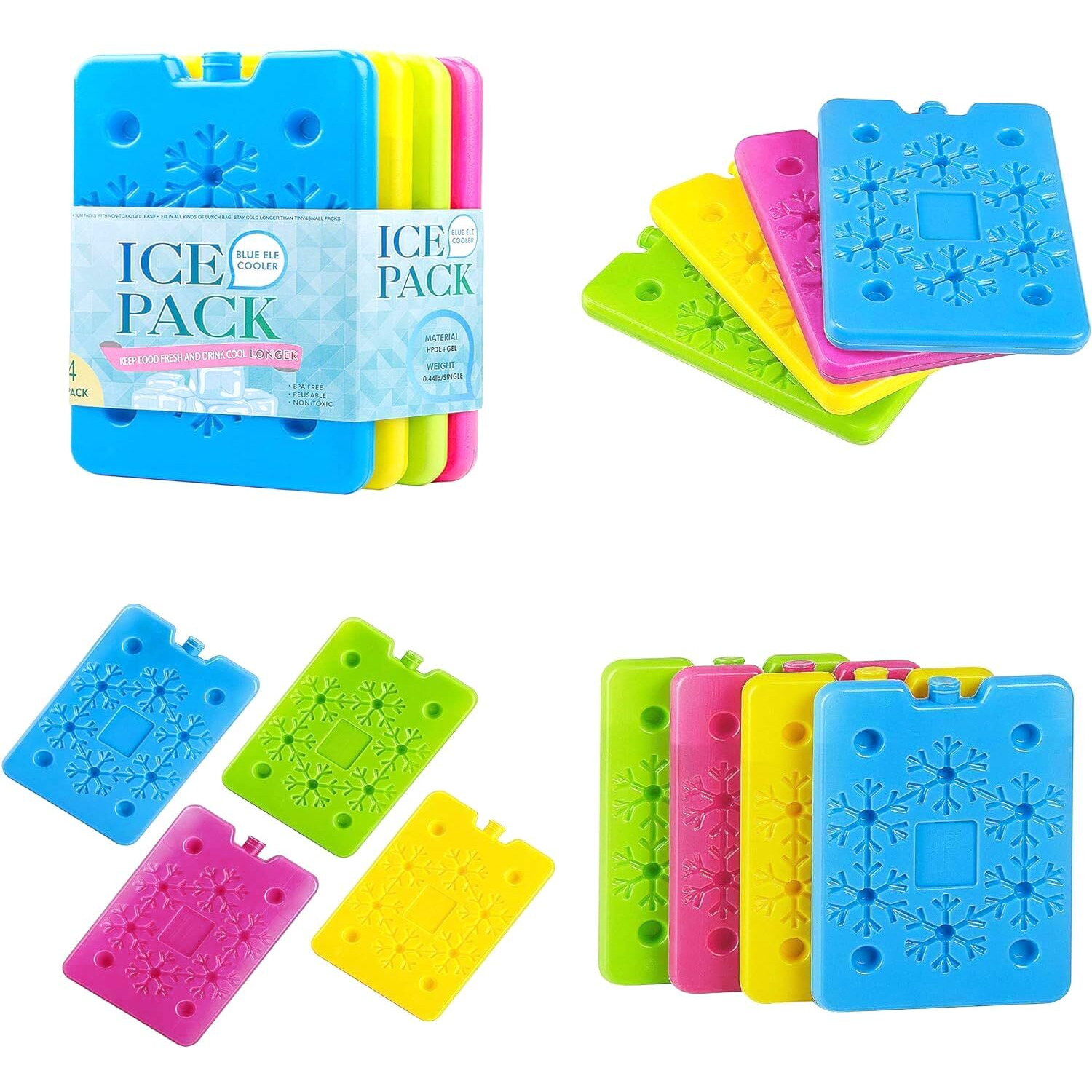 Blue Ele Be01 Ice Pack For Lunch Box And Cooler, Bpa Free, Reusable And Long Lasting, Slim And Lightweight Design For Kids, Set Of 4, Fun & Colorful