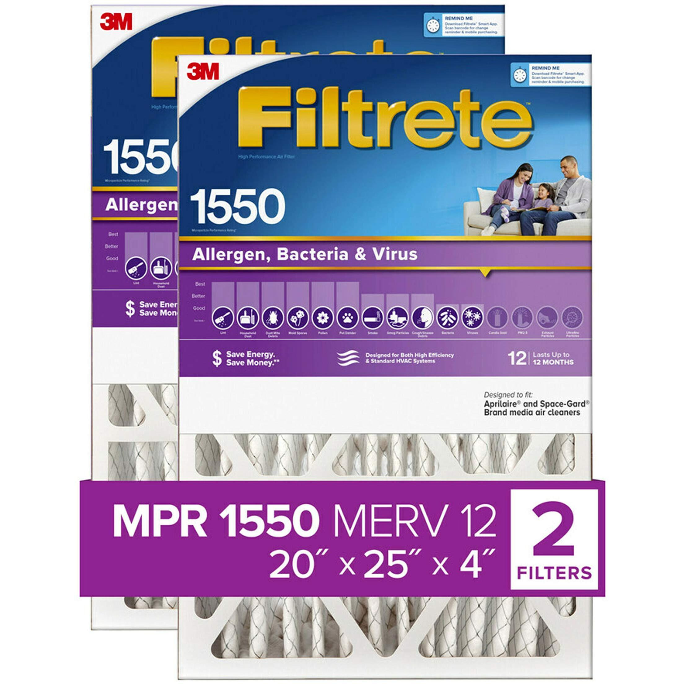 Filtrete 20X25X4, Ac Furnace Air Filter, Mpr 1550 Dp, Healthy Living Ultra Allergen Deep Pleat, 2-Pack (Actual 19.88 X 24.63 X 4.31)