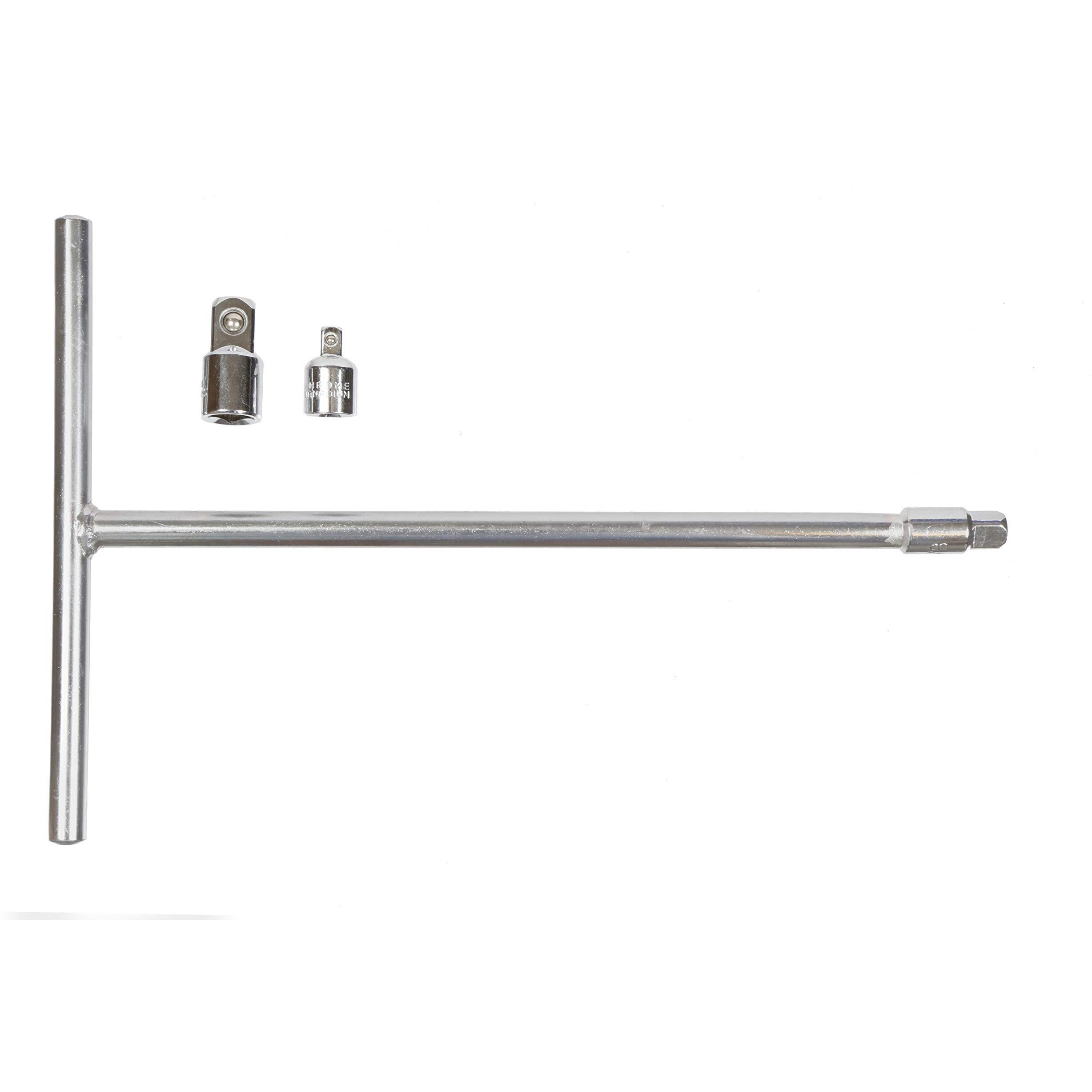 J&R Quality Tools 3/8"" Drive T Handle Wrench, Chromium Vanadium Steel | Long Reach | Includes 3/8"" And 1/2"" Adaptors